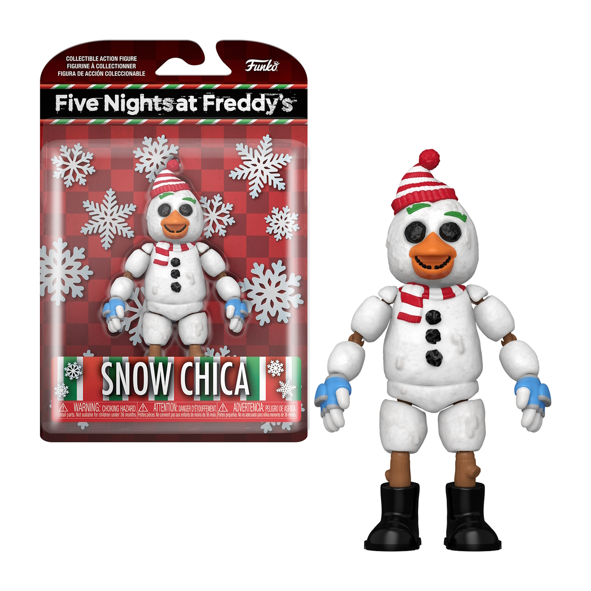 Eine Snow Chica Five Nights at Freddy's Figur in einer Box, Schneemann-Thema, mit Schneeflocken.