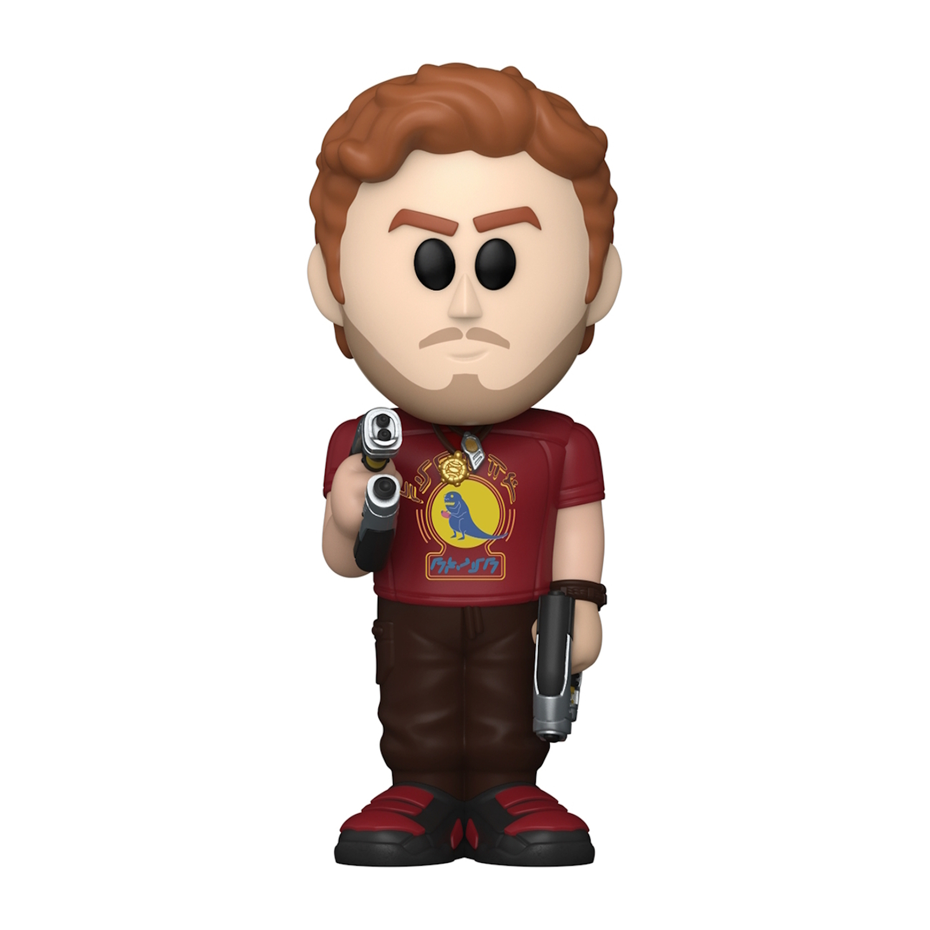 Funko Pop Figur eines Mannes, der zwei Pistolen hält und ein rotes Hemd mit Aufnäher trägt.