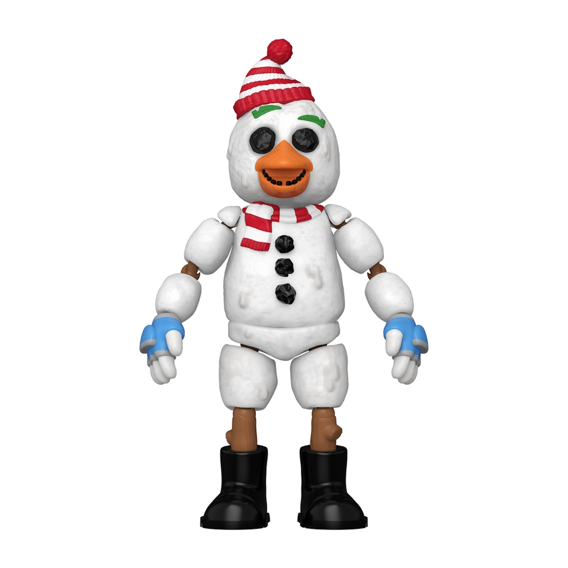 Eine schneemannartige Figur mit rotem Hut, Schal und schwarzen Knöpfen. Sie hat eine Karottennase und schwarze Stiefel.