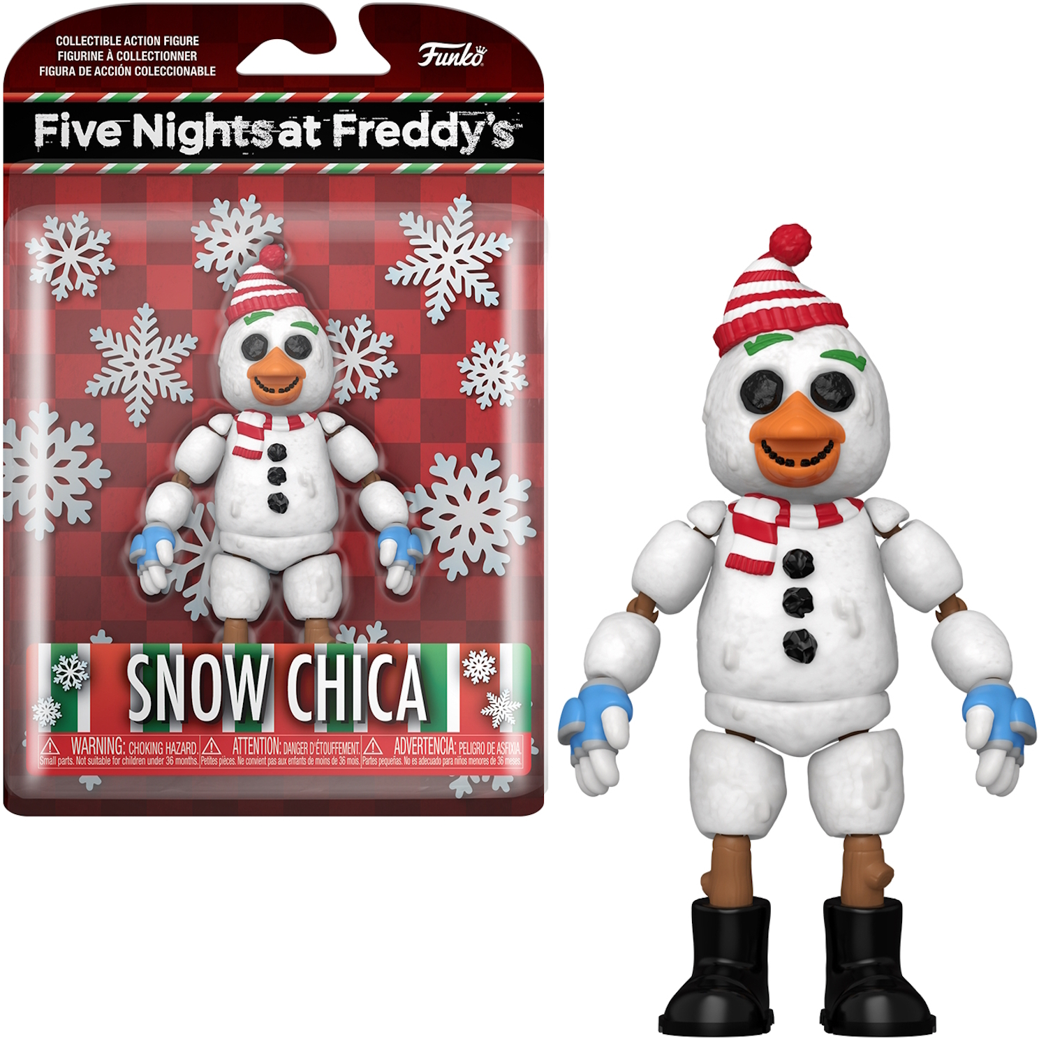 Snow Chica Figur von Five Nights at Freddy's, in einer Box mit Schneeflocken, und eine Figur.