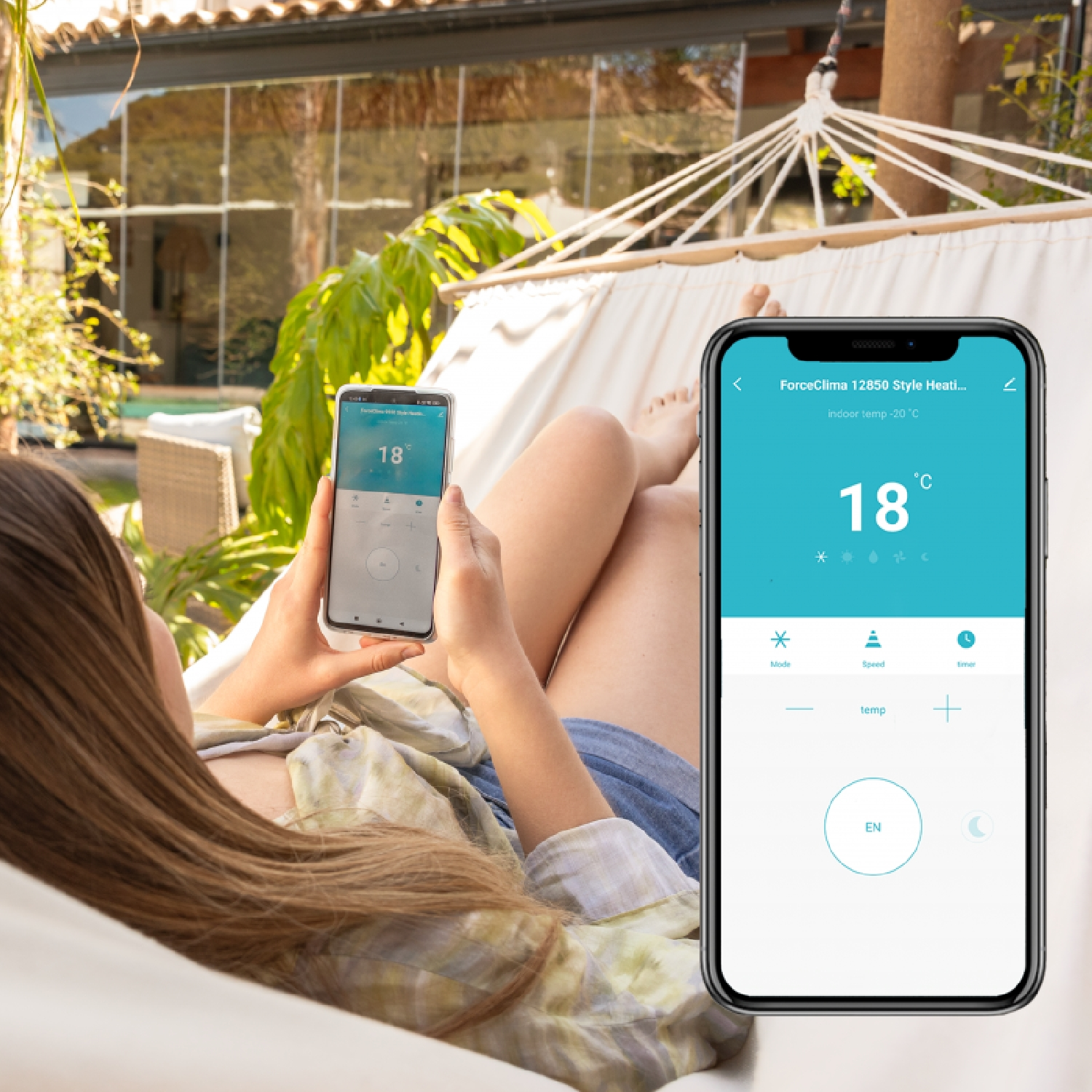Mujer acostada en hamaca, usando un smartphone, con otro mostrando una app de calefacción.