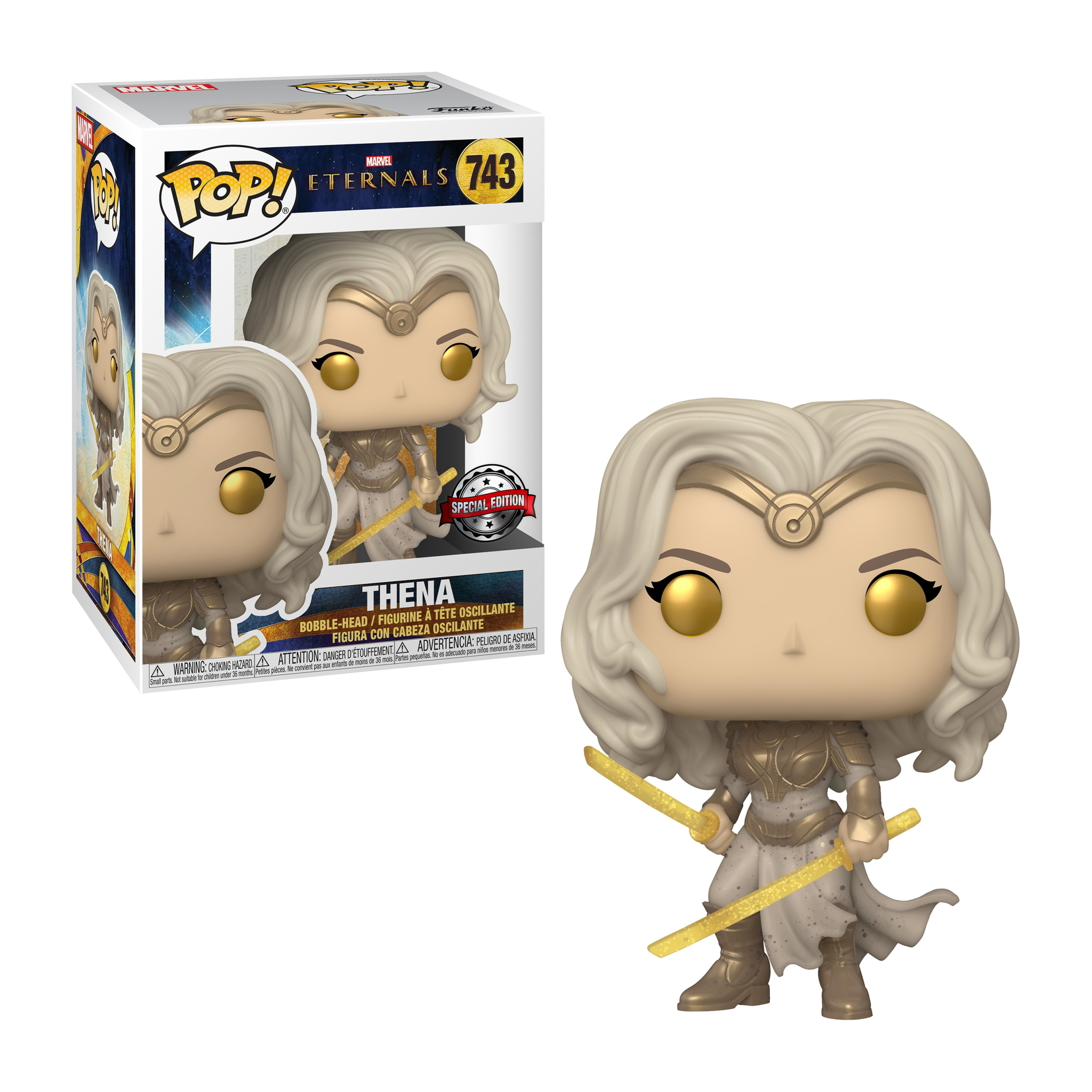 Funko Pop Figur von Thena aus Eternals. Sie hat blondes Haar, ein goldenes Diadem und zwei goldene Schwerter. Auf weißem Hintergrund.