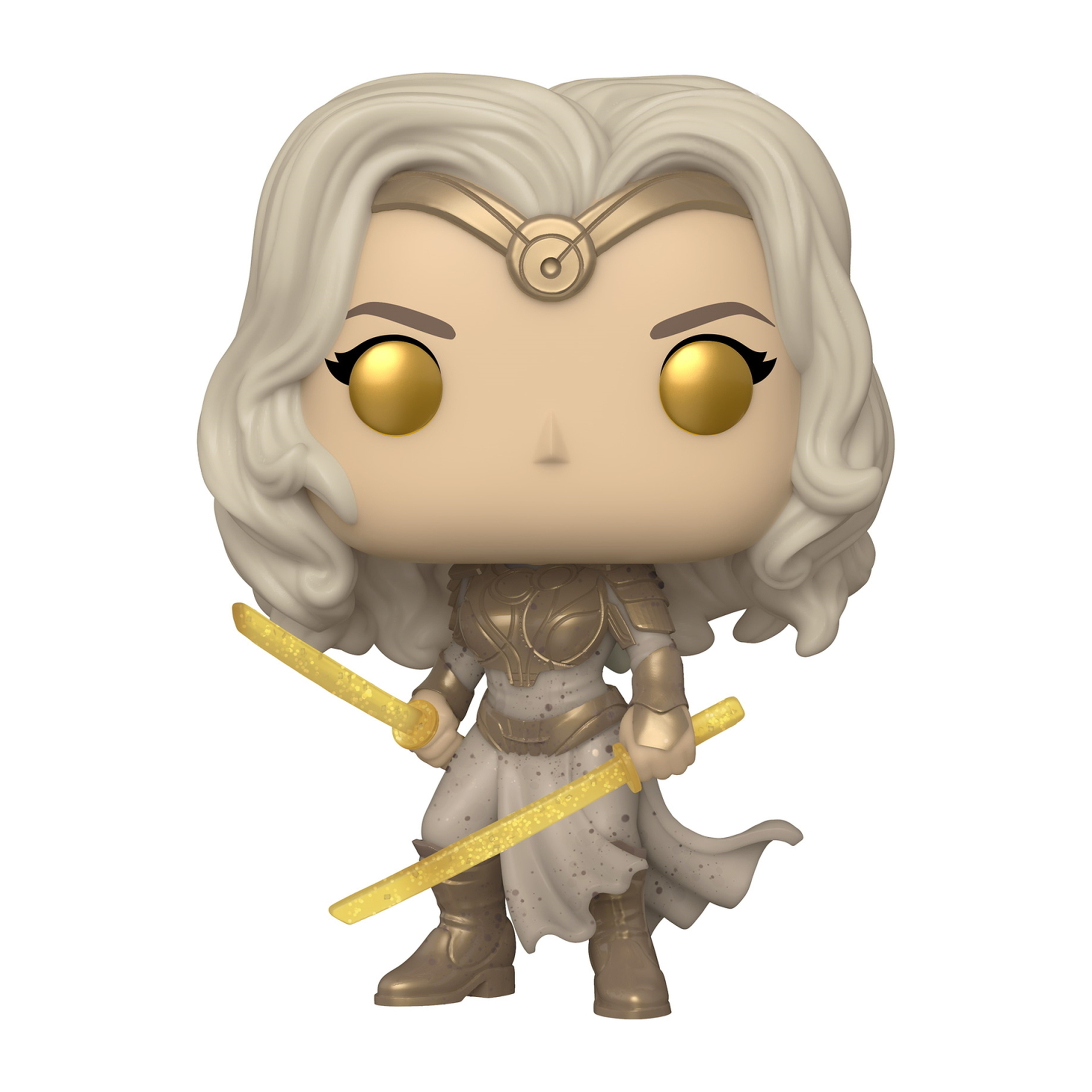 Eine Funko Pop-Figur einer weiblichen Figur mit blonden Haaren, goldenen Augen und goldenen Schwertern.
