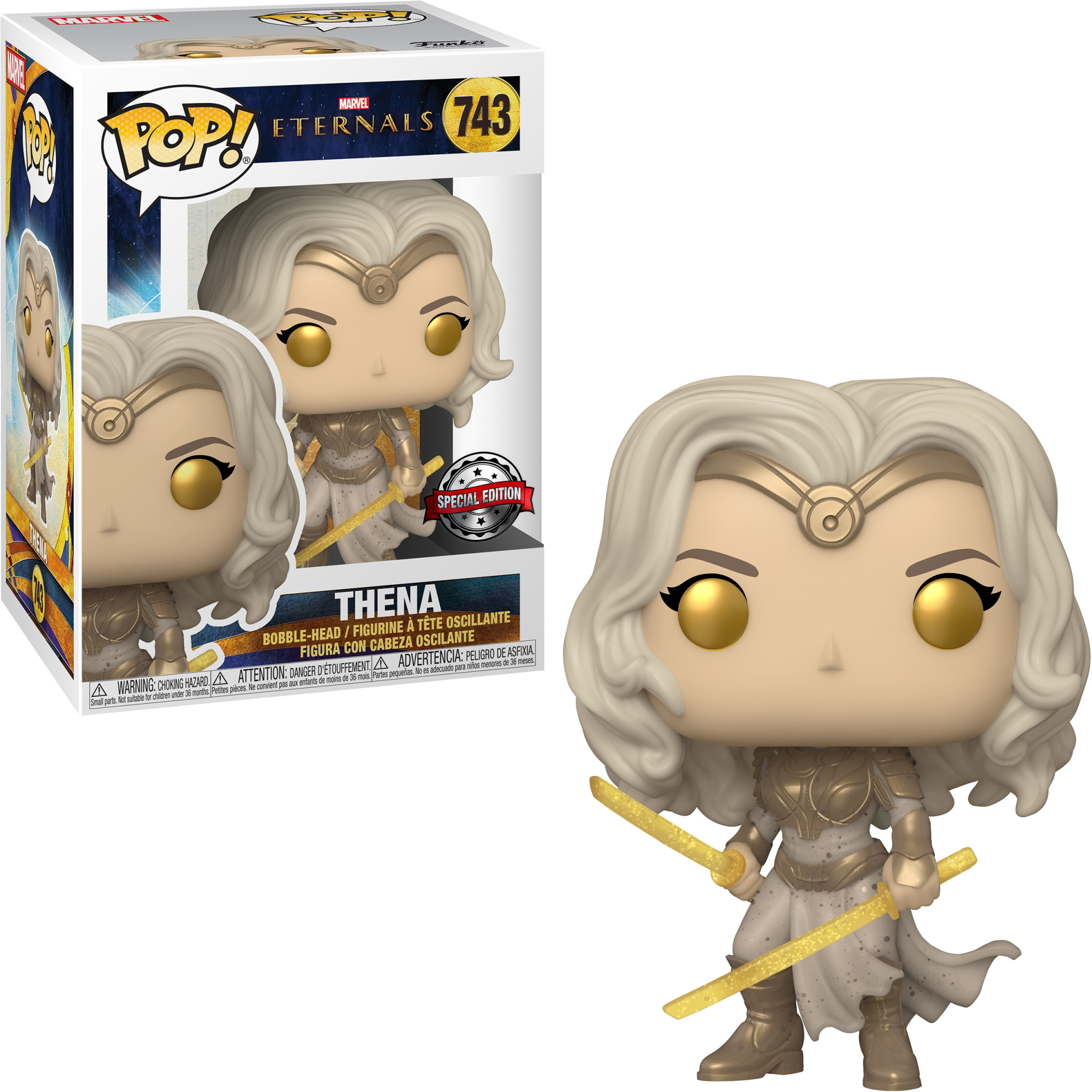 Thena Funko Pop Figur in der Box. Sie hat blondes Haar und goldene Rüstung und hält zwei Schwerter.