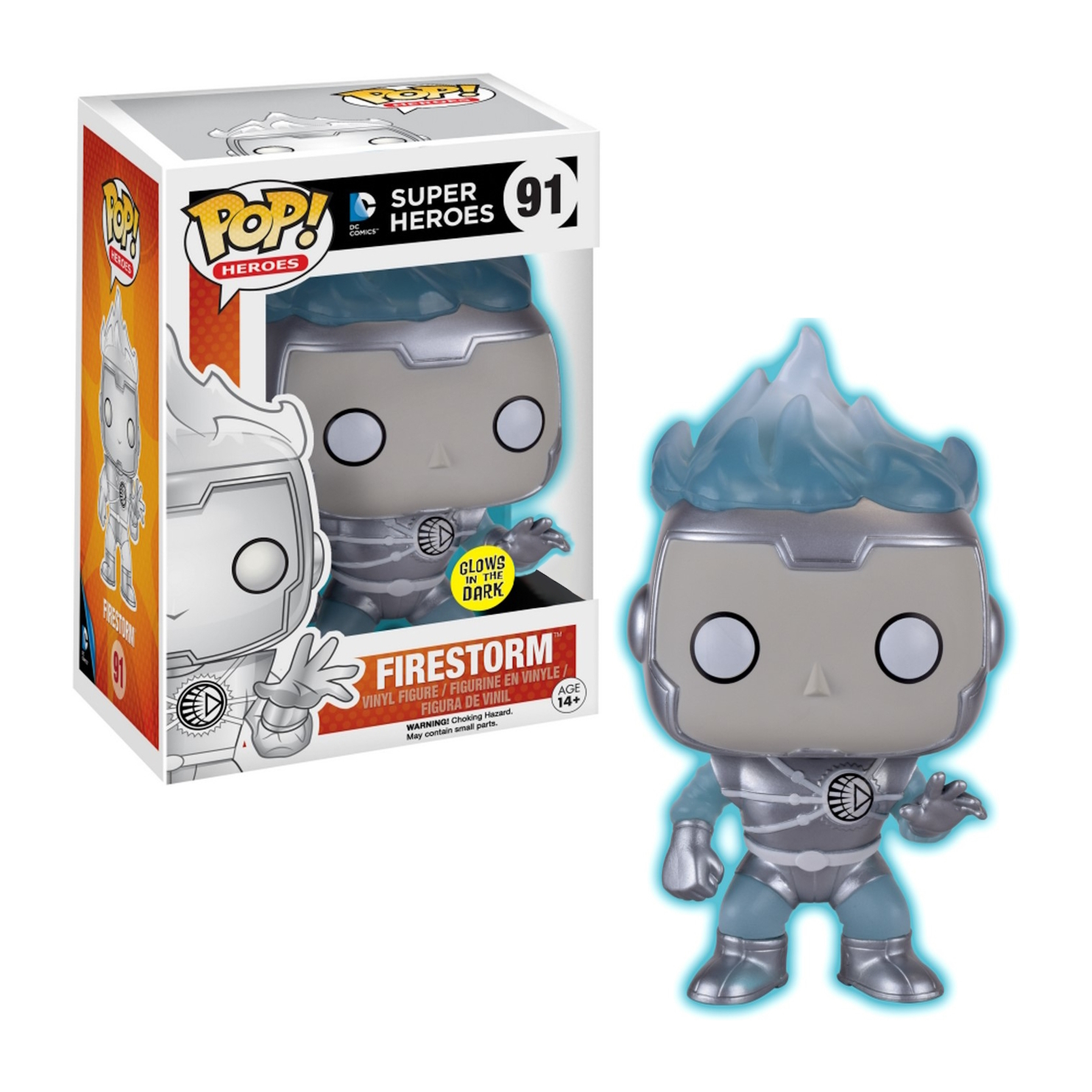 Funko Pop-Figur von Firestorm, der im Dunkeln leuchtet, mit einem blauen flammenartigen Kopf.