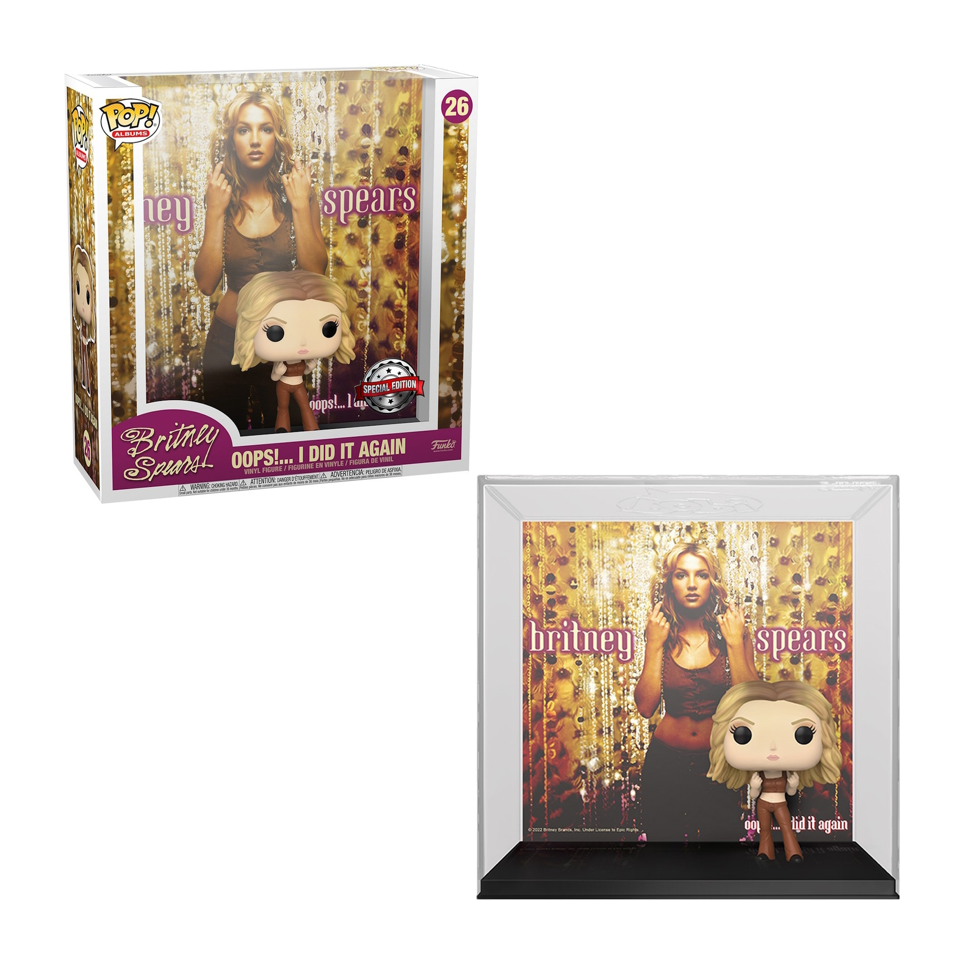 Britney Spears Funko Pop-Set mit Box und Figur, die sie in einem Bühnenoutfit zeigt.
