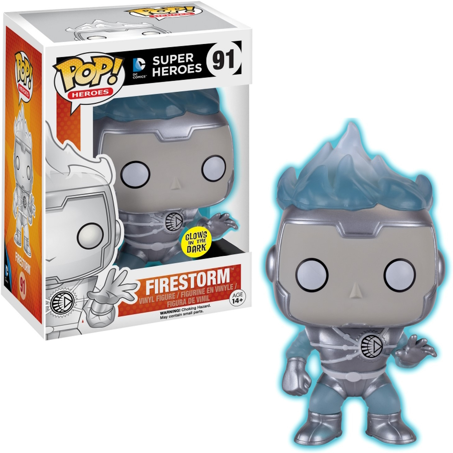 Firestorm-Figur. Grauer und silberner Anzug, blaue Flammen. Box zeigt Figur. "Glows in the Dark"-Etikett.