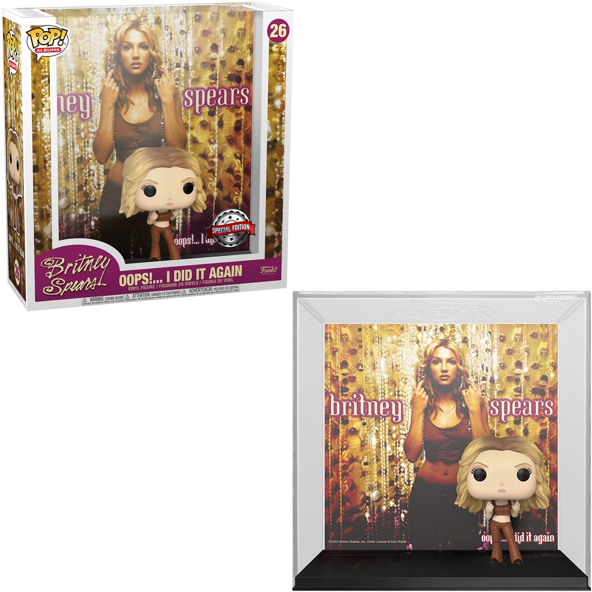 Zwei Bilder einer Britney Spears Funko Pop Figur in einer Box und ausgestellt.