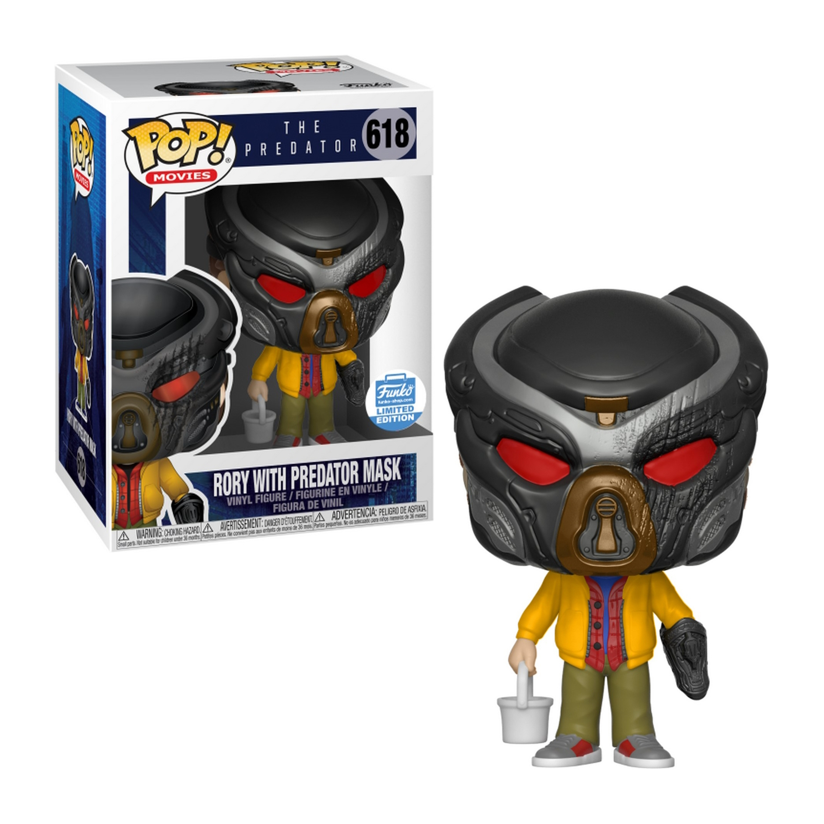 Funko Pop von The Predator in gelber Jacke und Maske, mit einem Eimer. Box-Art zeigt ein Predator-Bild.