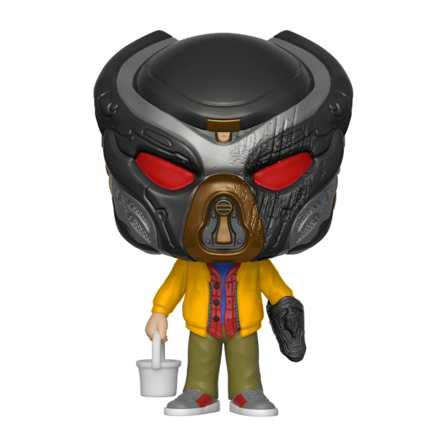 Funko Pop Figur eines Predator-Charakters mit Maske. Trägt eine gelbe Jacke und hält einen weißen Eimer.