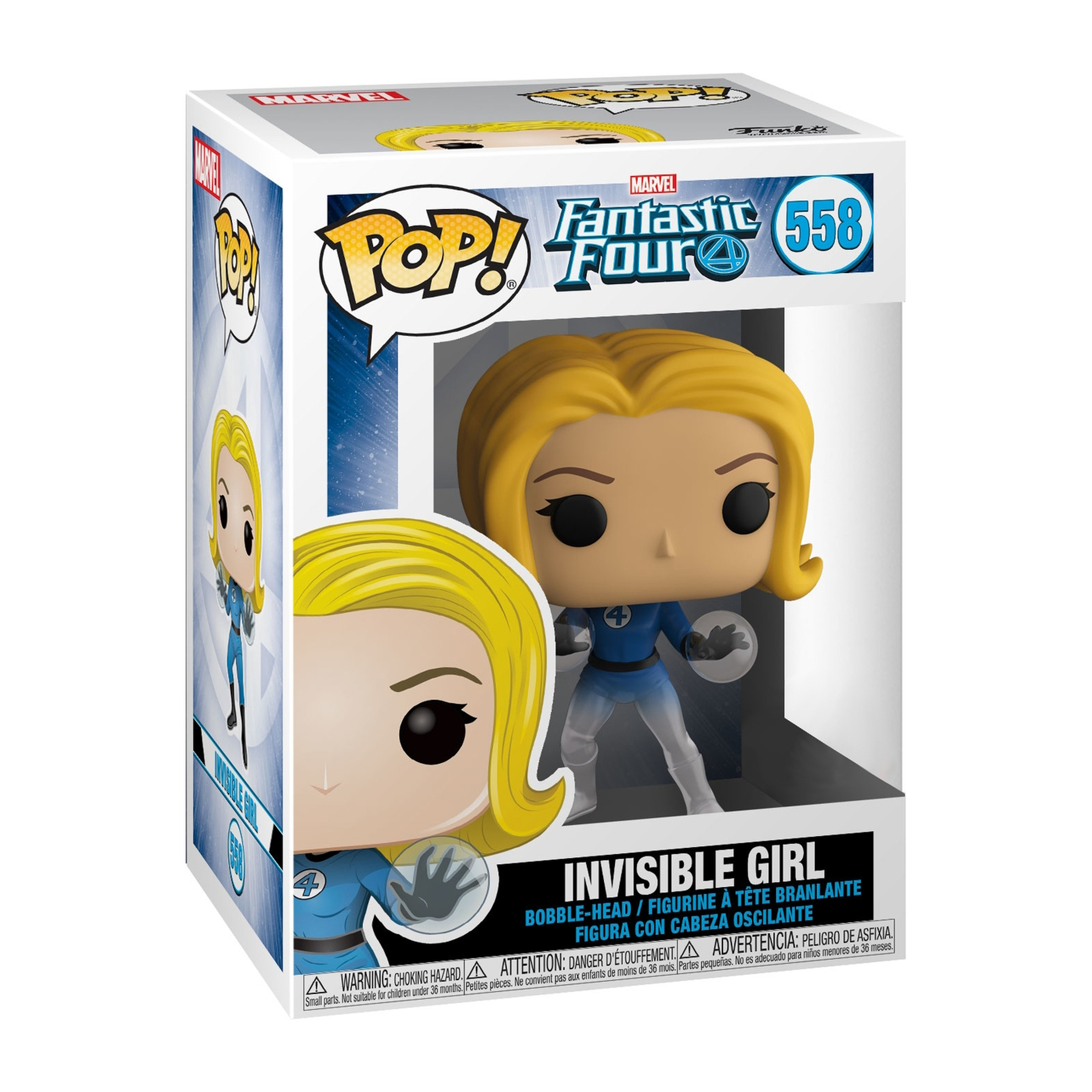 Funko Pop! von Invisible Girl aus Fantastic Four. Sie ist in einer durchsichtigen Blase.