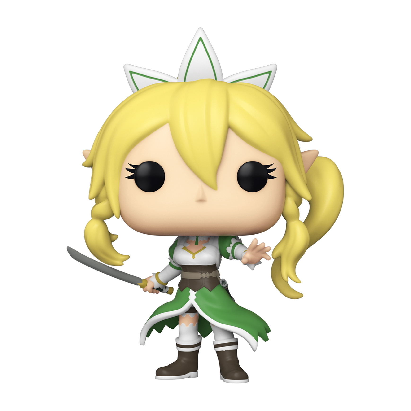 Eine Funko Pop Figur von Asuna, einer Figur mit blonden Haaren, einem Schwert und einem grün-weißen Outfit.