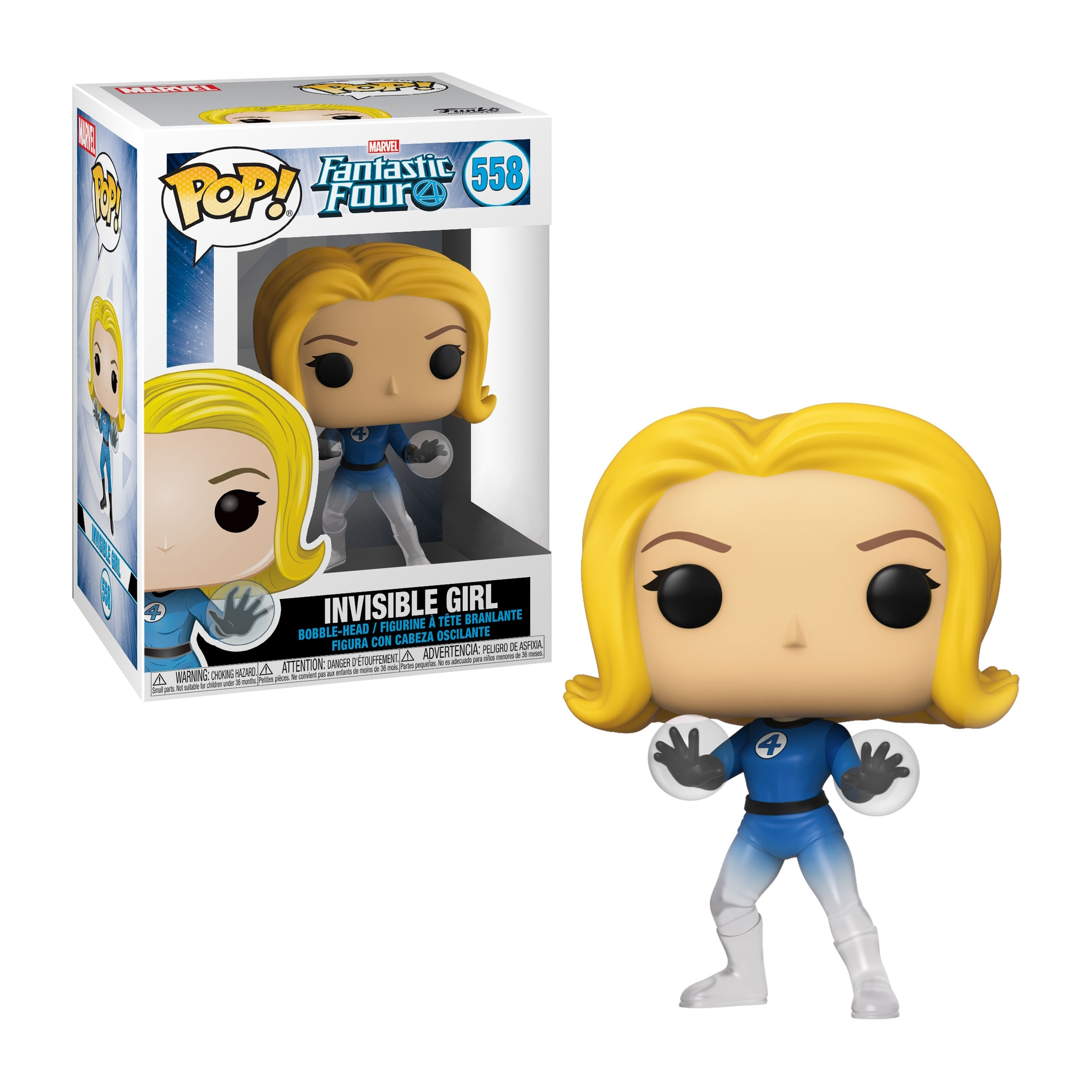 Invisible Girl Funko Pop Figur. Gelbes Haar, blauer Anzug, weiße Handschuhe und Karton.