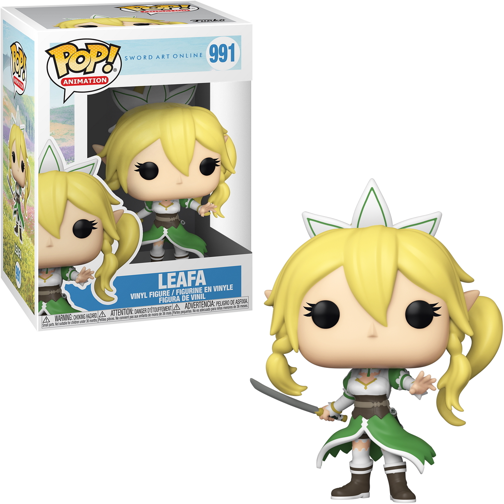 Eine Funko Pop-Figur von Leafa aus Sword Art Online, mit blonden Haaren und grüner Kleidung, die ein Schwert hält.