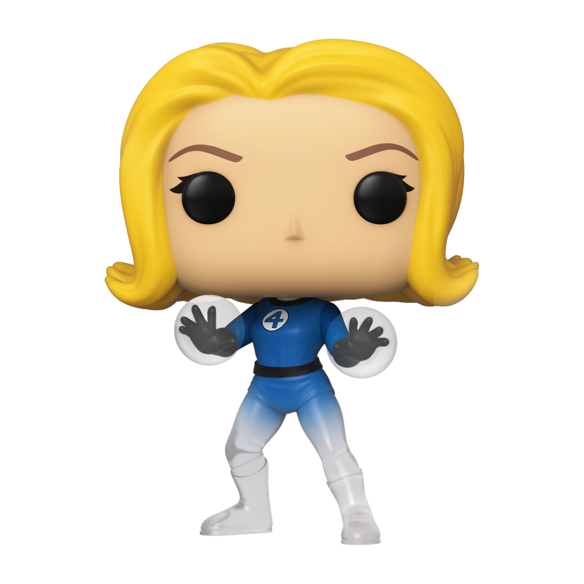 Eine Funko Pop Figur der unsichtbaren Frau in einem blau-weißen Anzug.