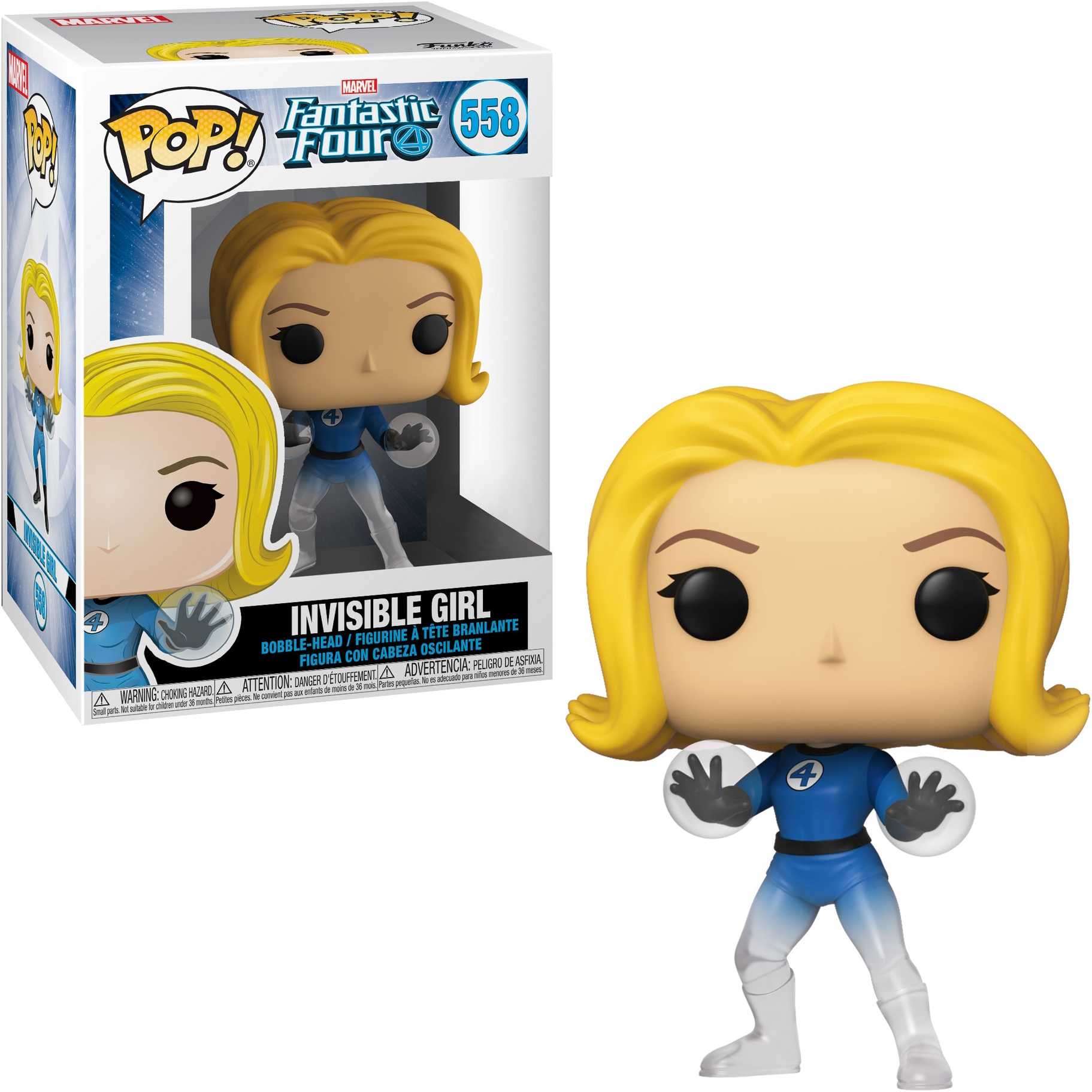 Invisible Girl Funko Pop Figur und Box; die Figur stammt von Fantastic Four.