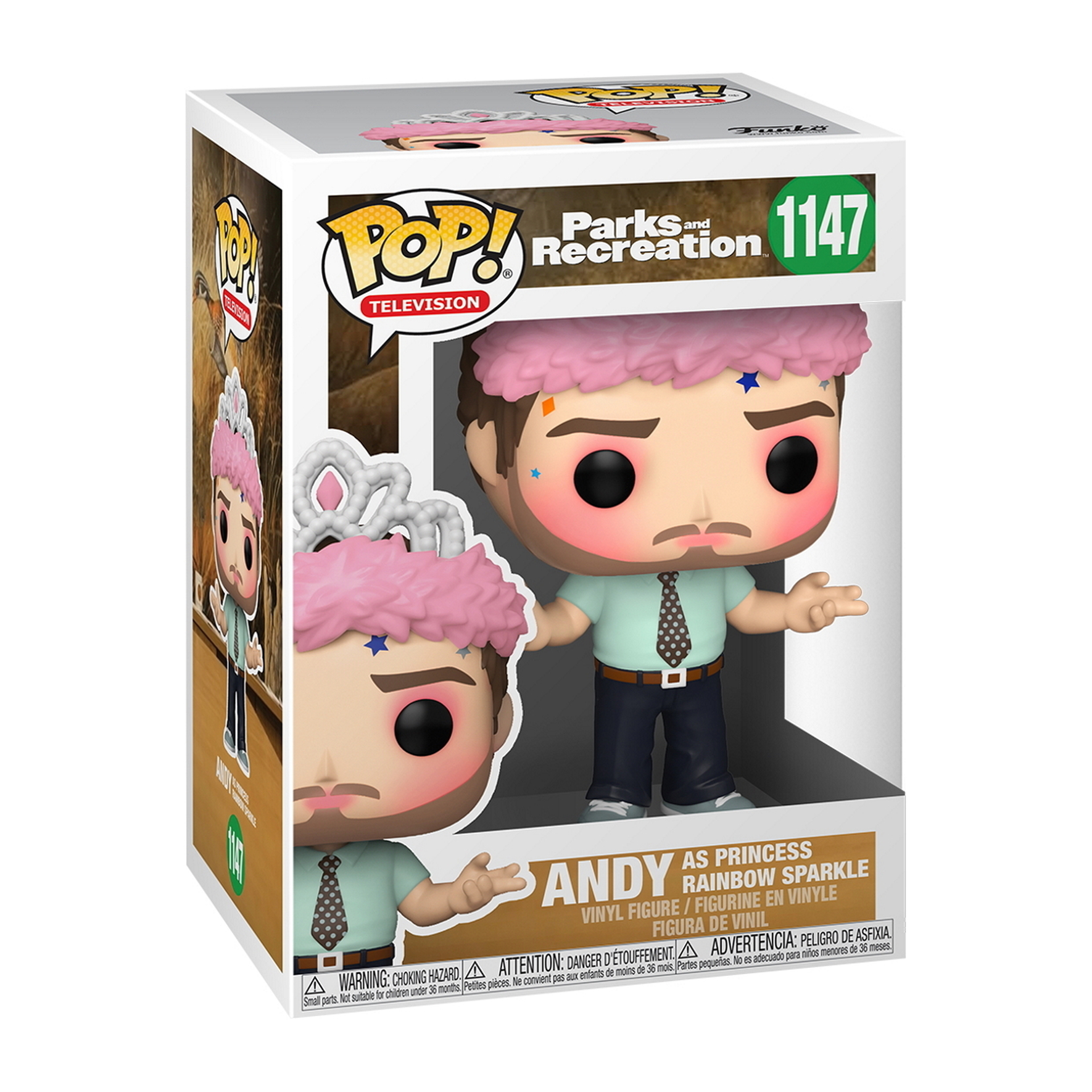 Andy als Prinzessin Rainbow Sparkle Funko Pop. Ein Mann mit rosa Krone und einer Box mit weißem Hintergrund.