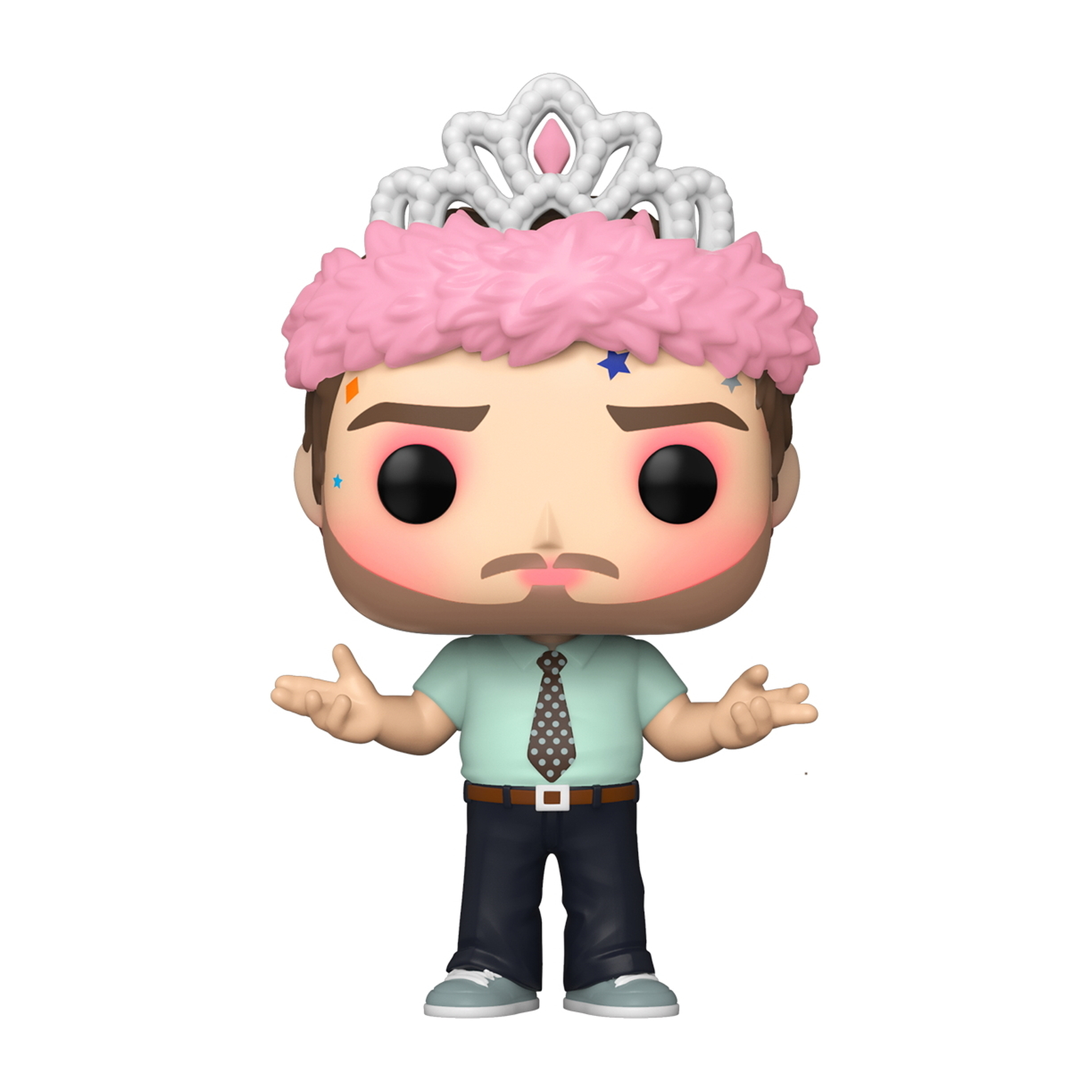 Funko Pop Figur eines Mannes mit Tiara, rosa Haaren und hellblauem Hemd mit Krawatte. Er hat einen Bart.
