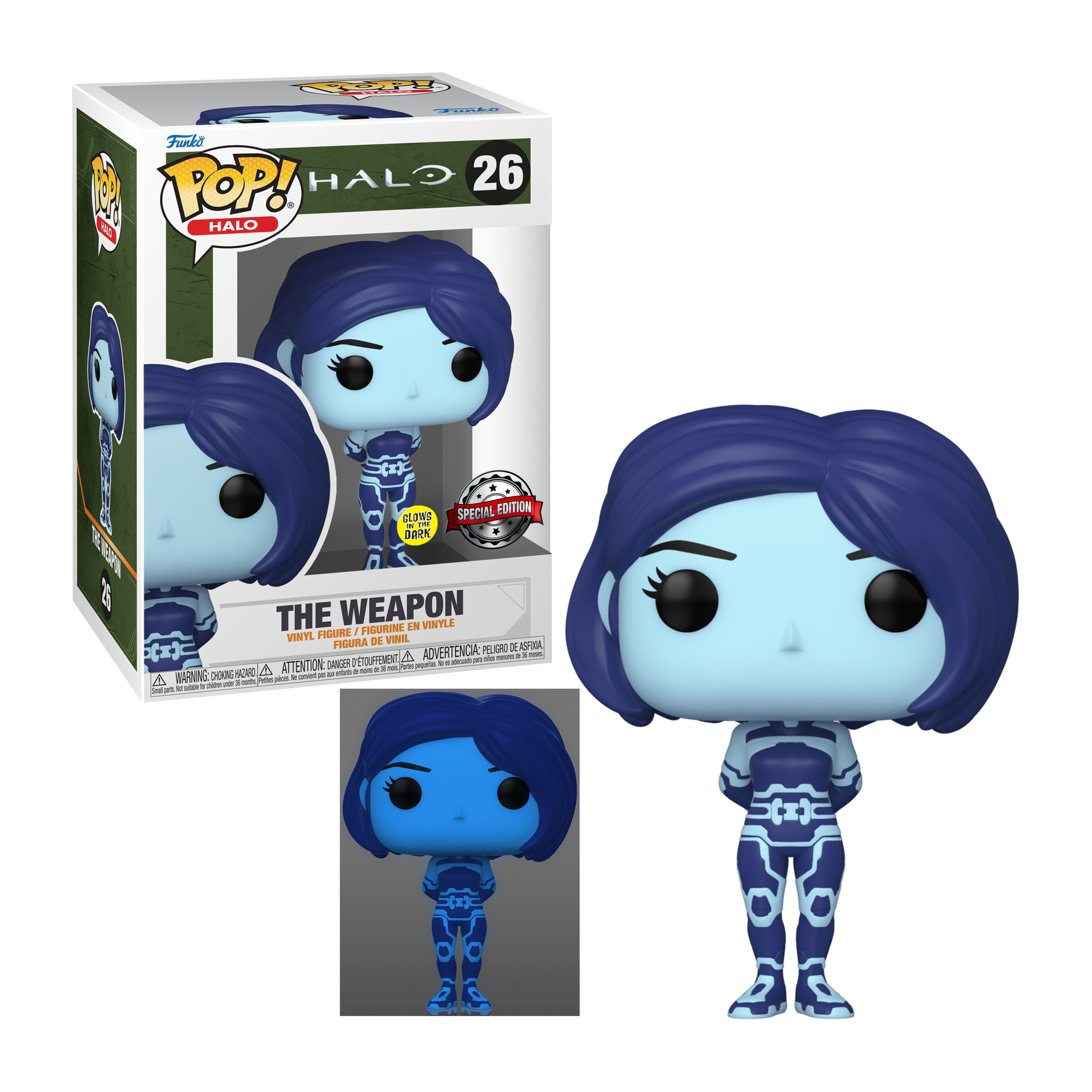 Eine blaue Weapon Funko Pop-Figur mit blauer Haut und blauem Outfit. Es leuchtet im Dunkeln.