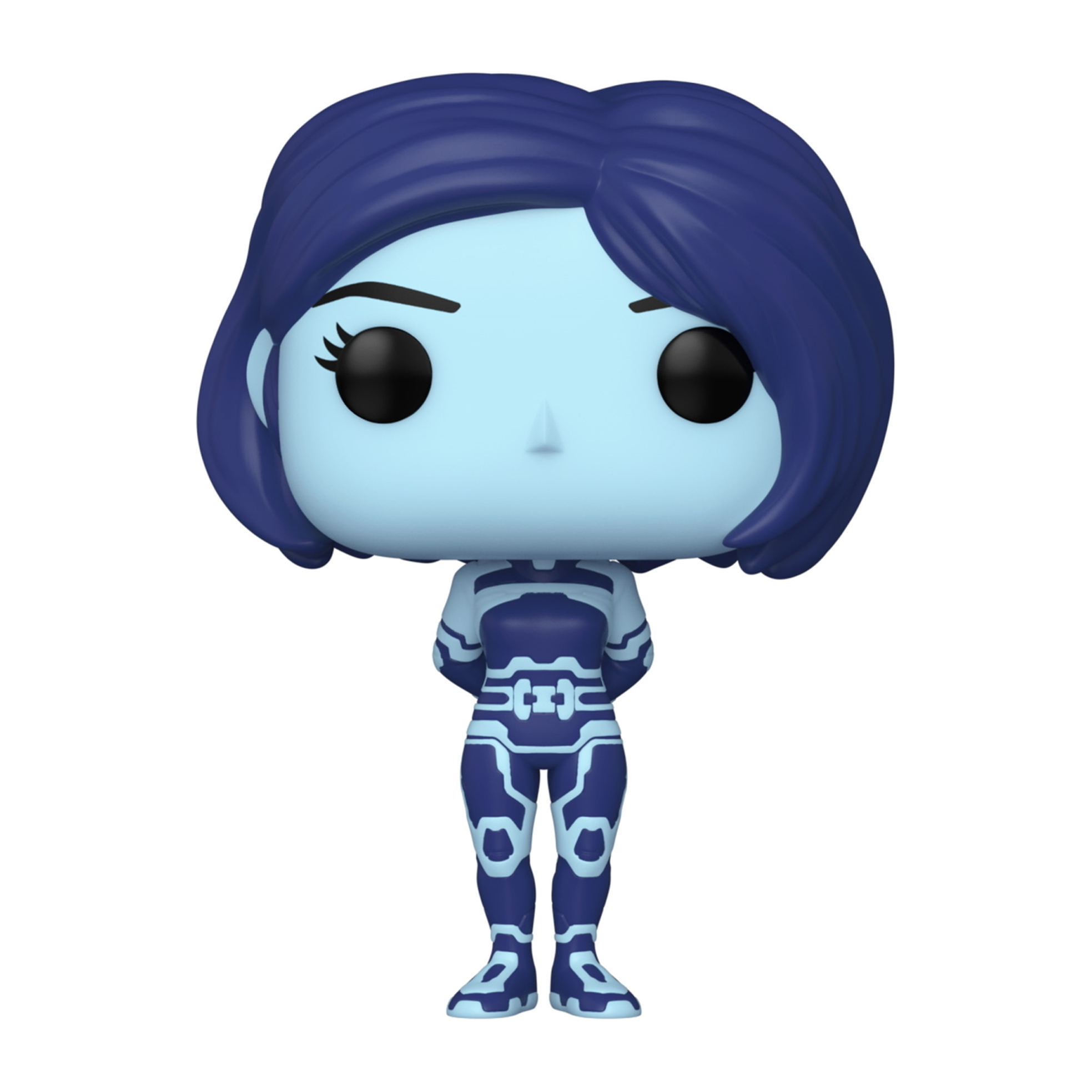 Funko Pop Figur von Cortana in blauem Anzug. Die Figur steht auf weißem Untergrund.