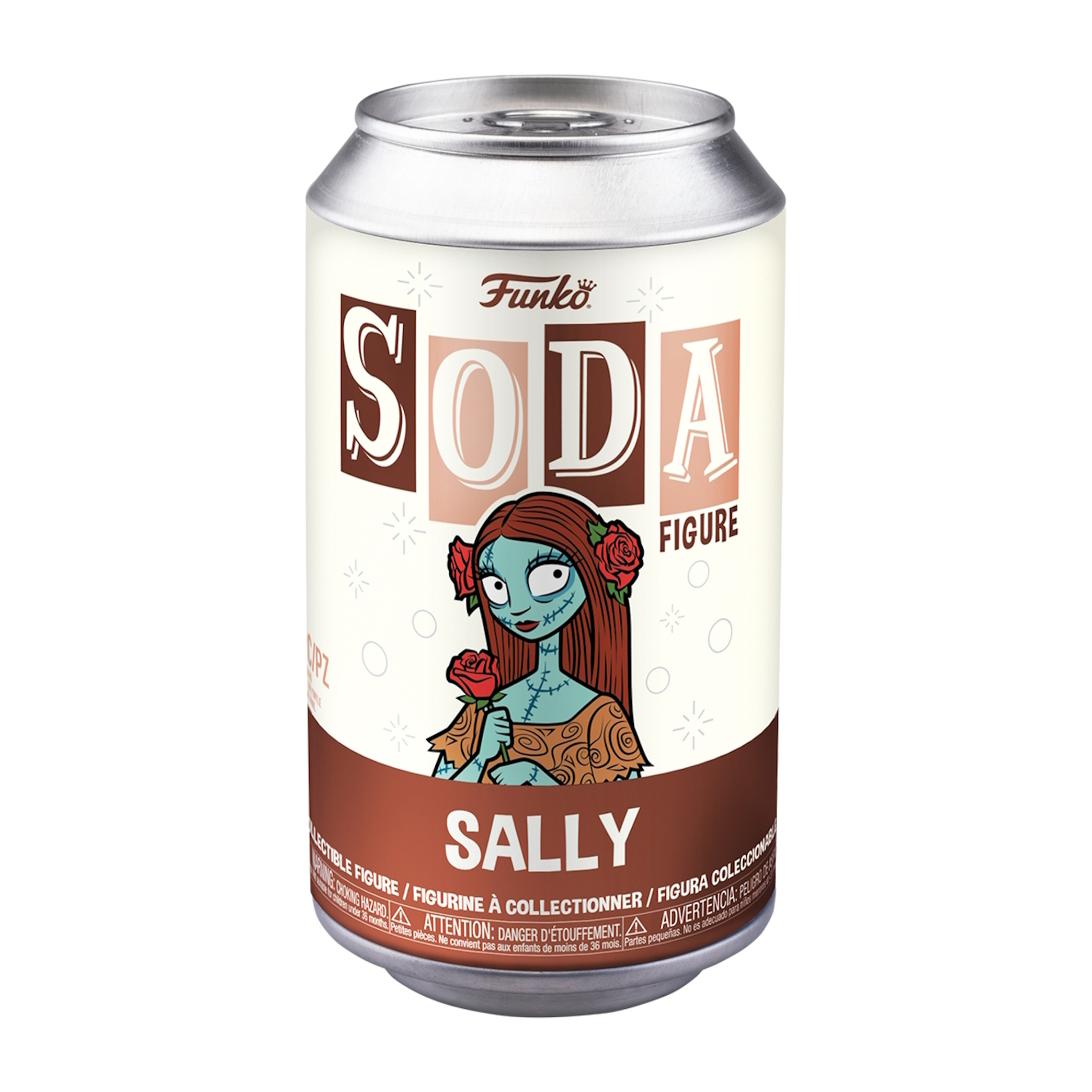 Sally-Figur in einer Dose, hält eine Rose, mit floralem Design und braunem Boden.