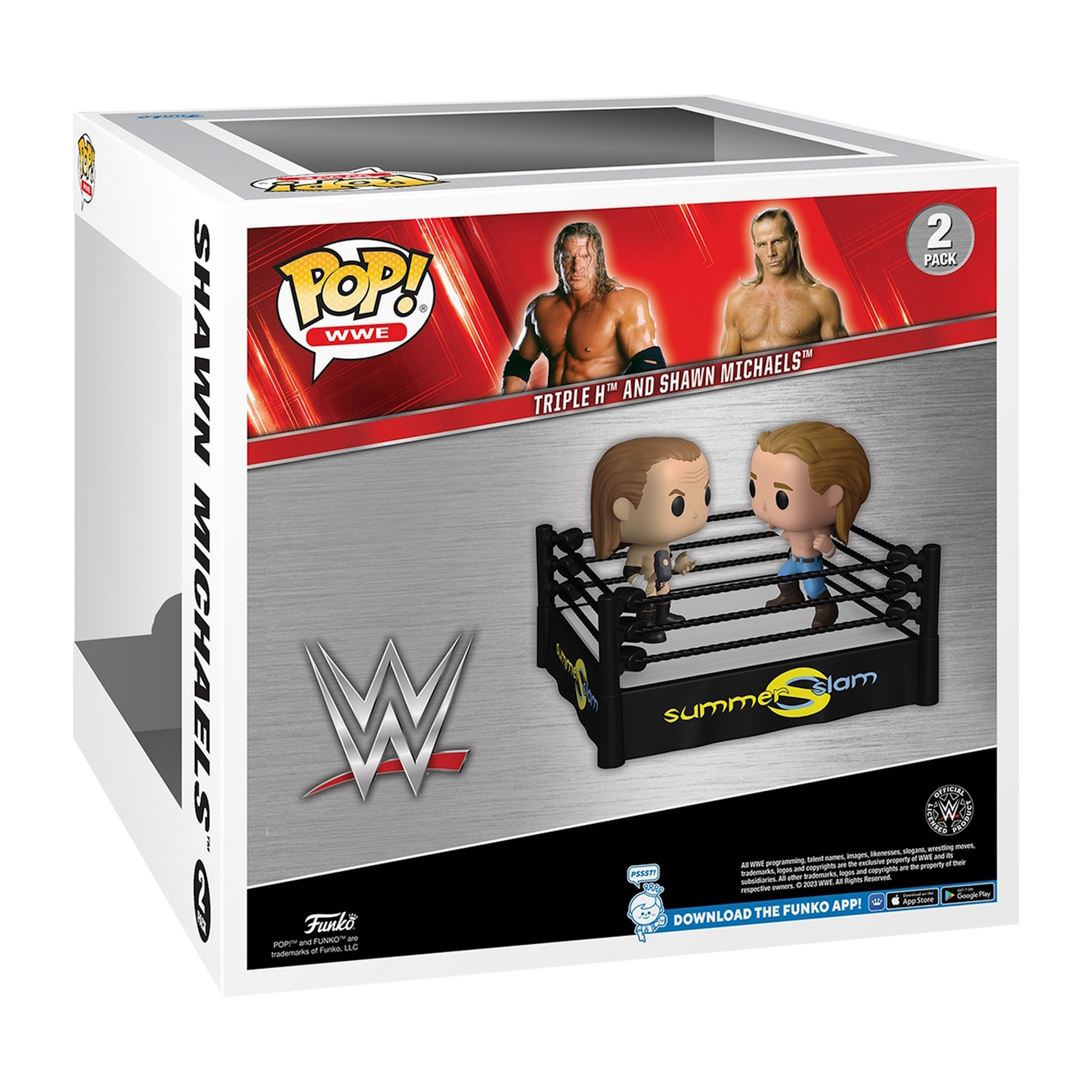 Pop! WWE 2er-Pack Figur von Triple H und Shawn Michaels in einer ringförmigen Box. Wrestler gezeigt.