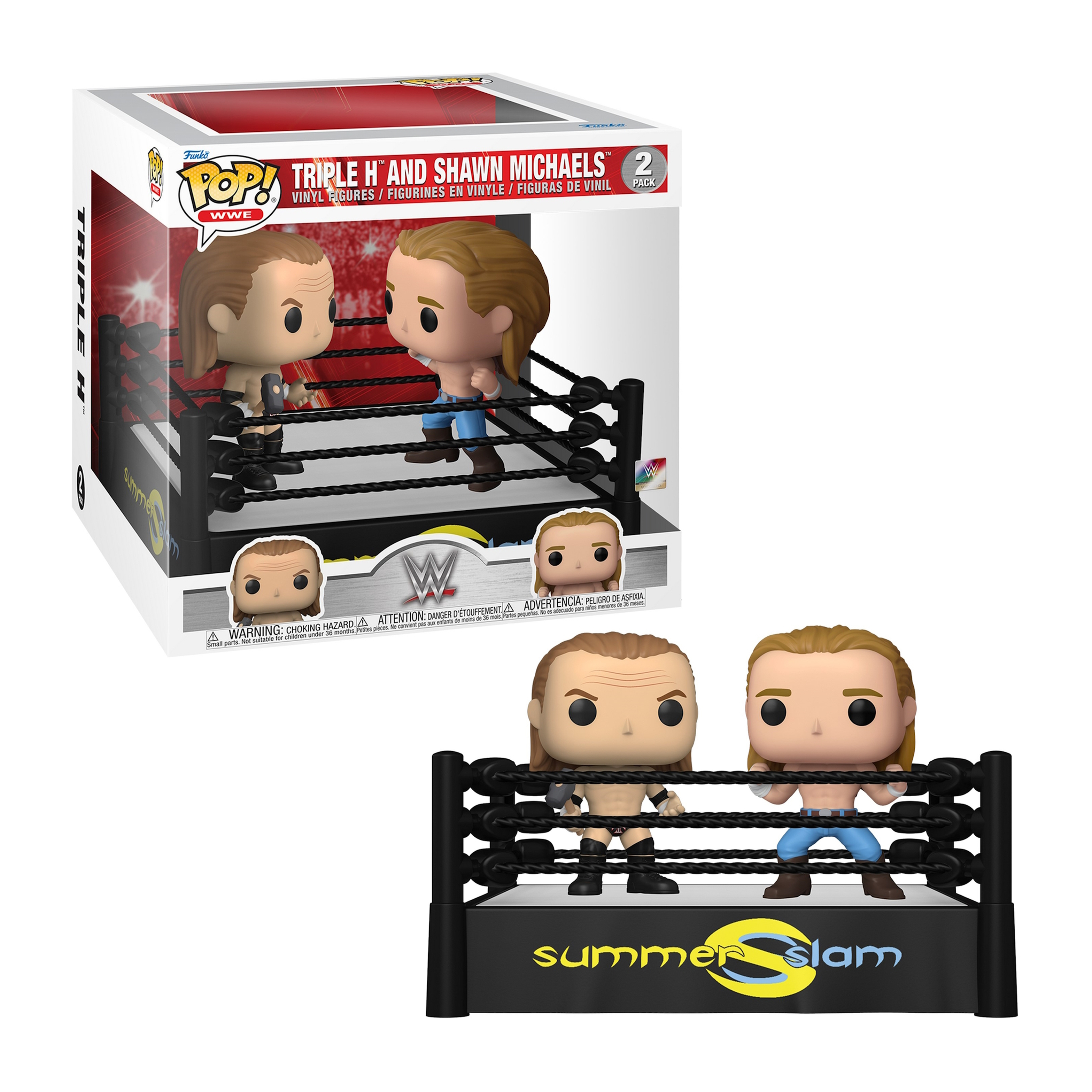 Zwei Wrestling-Figuren in einem Ring, in einer Funko Pop-Box. Die Box zeigt die Figuren und den Ring.