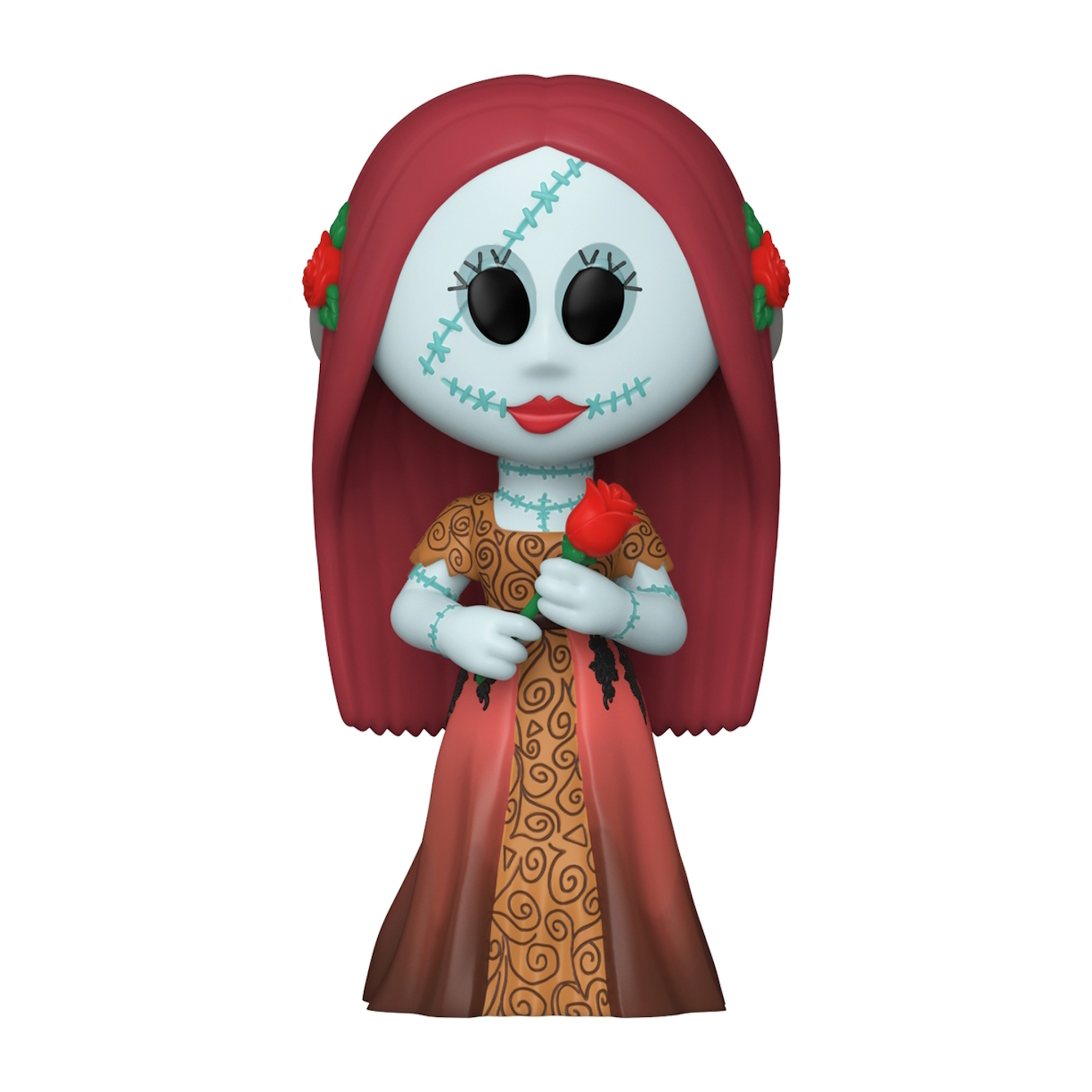 Sally aus The Nightmare Before Christmas Funko Pop Figur, die eine Rose hält und ein Flickkleid trägt.