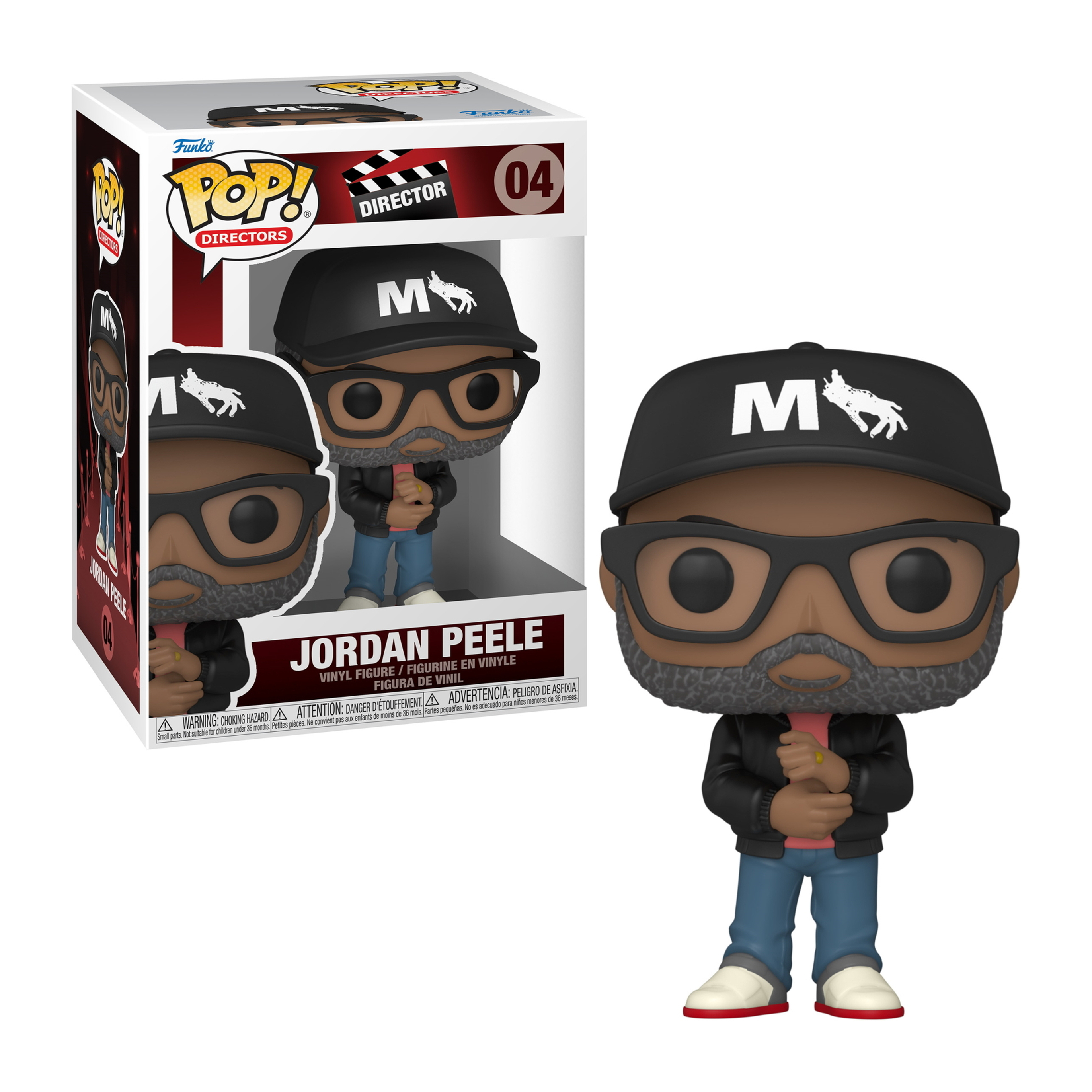 Jordan Peele Figur mit Brille, schwarzer Mütze und Jacke. Die Box ist im Hintergrund sichtbar.