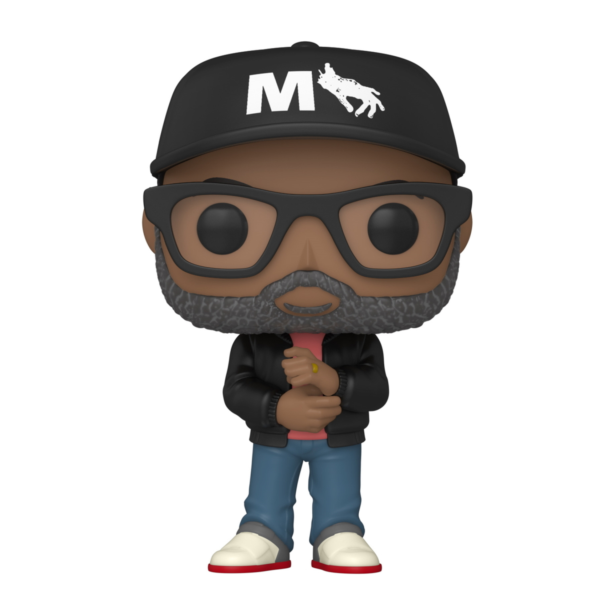 Ein Funko Pop eines schwarzen Mannes mit Brille, Bart und schwarzem Hut mit weißem Logo.