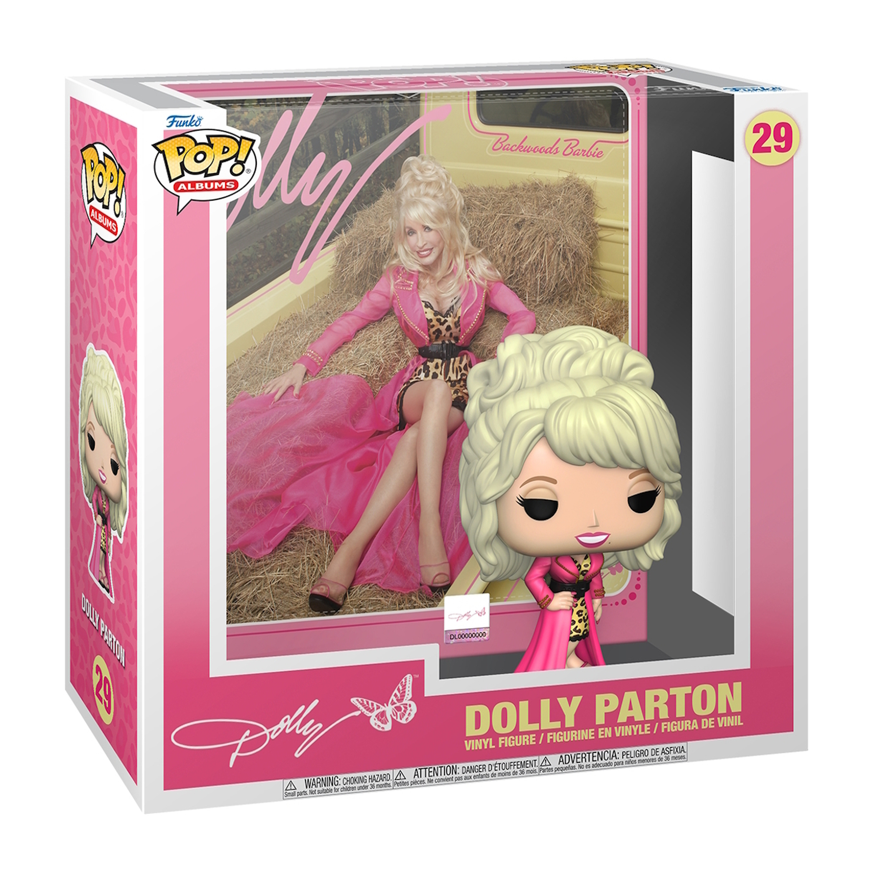 Personaggio Funko Pop di Dolly Parton in una scatola con il logo Pop Albums e una foto di Dolly Parton.