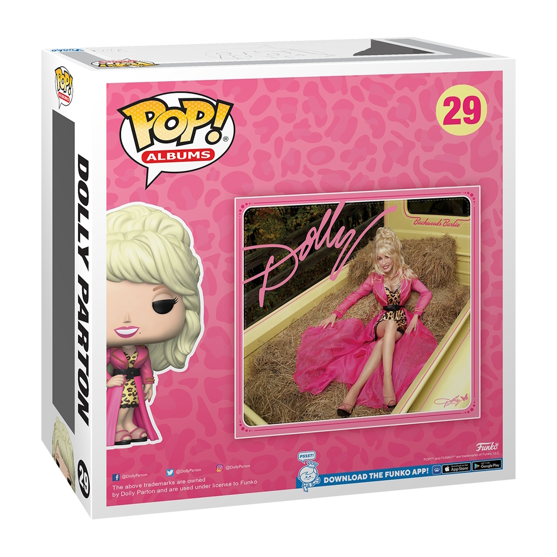 Una scatola Funko Pop con Dolly Parton. La figura è bionda con un abito rosa. La scatola ha uno sfondo rosa.