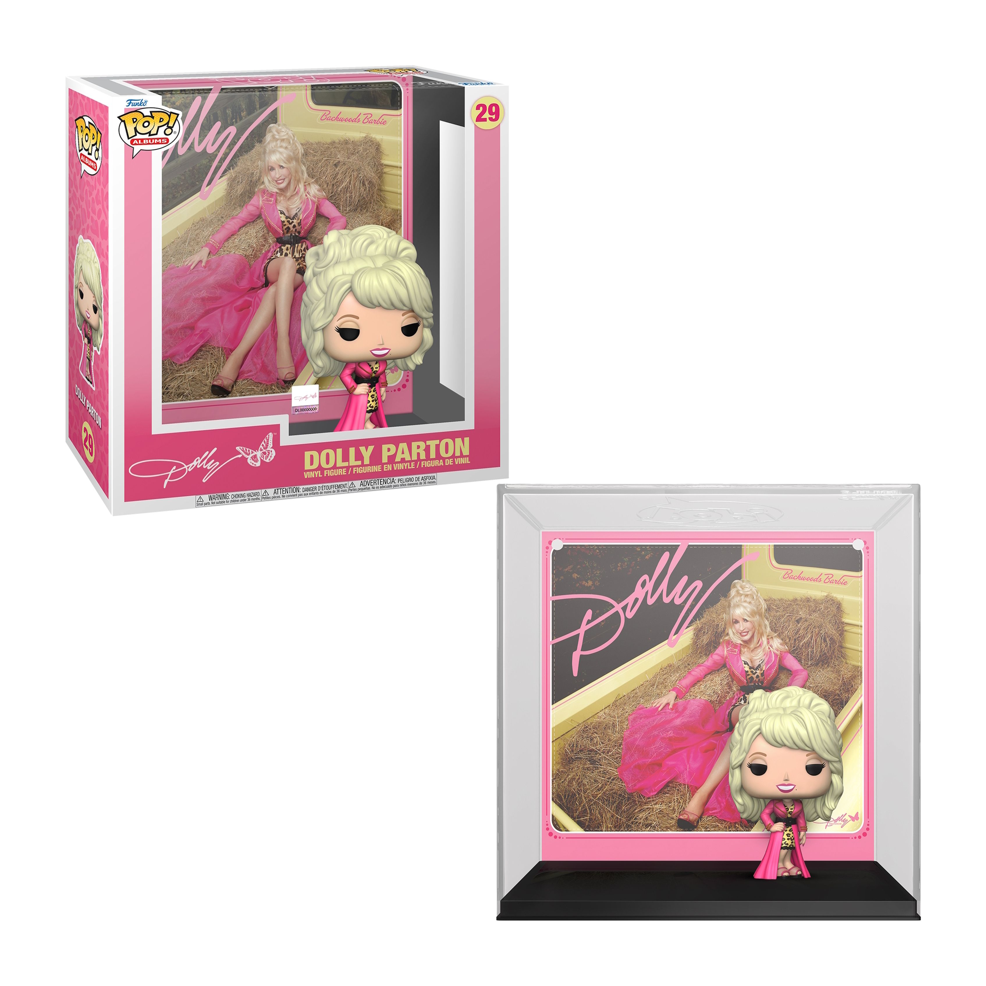 Figura Funko Pop di Dolly Parton, in abito rosa, accanto a una scatola con la sua immagine. La seconda immagine è la figura in un astuccio.