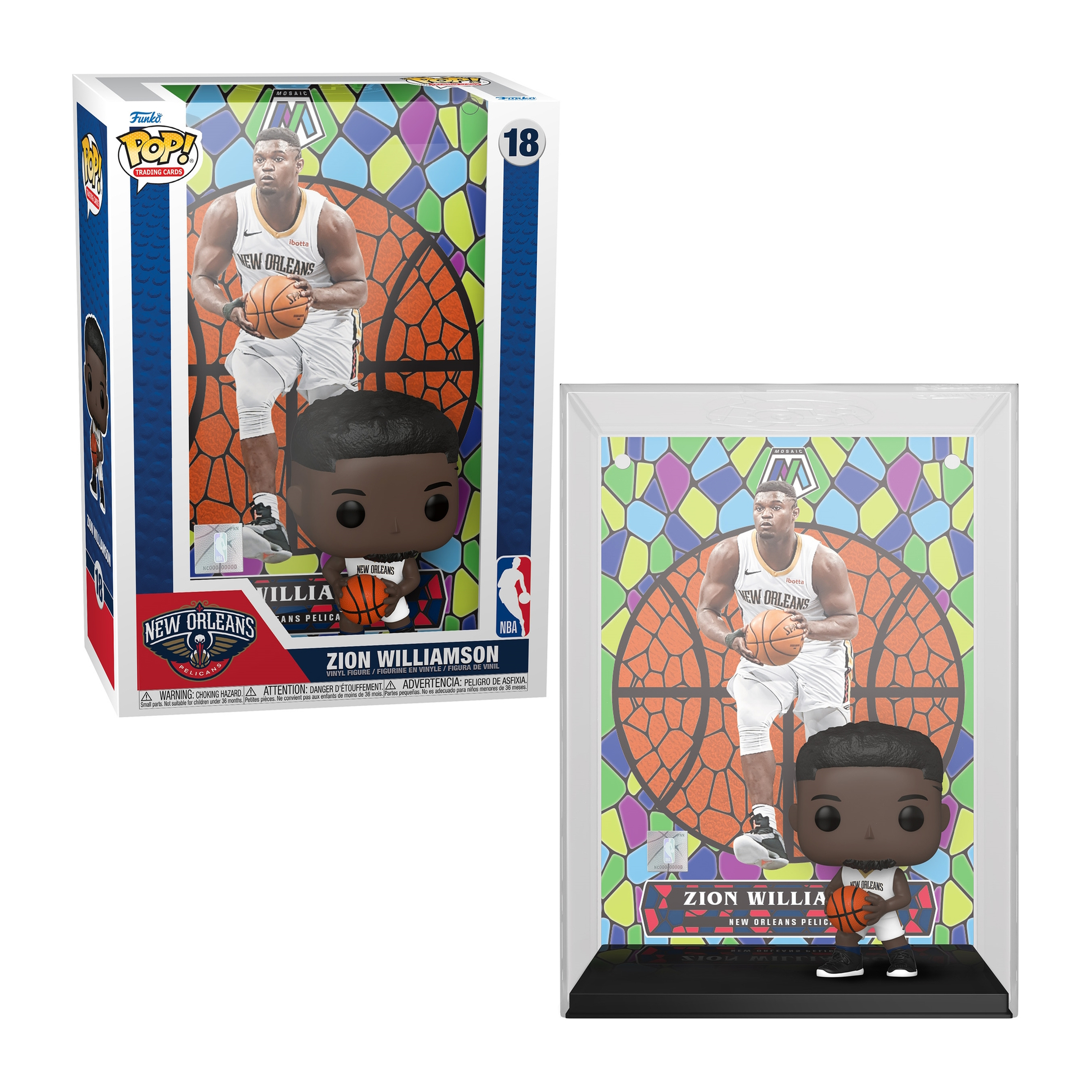 Zion Williamson Funko Pop Figur in Box und Vitrine. New Orleans Pelicans Thema.