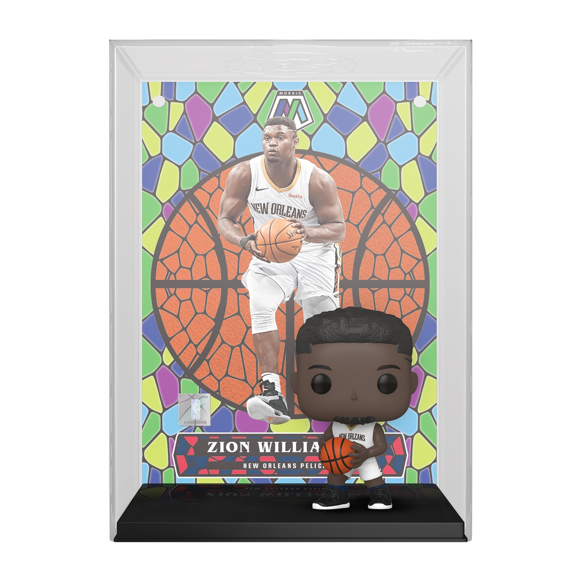 Eine Zion Williamson-Figur mit einem Basketball. Im Hintergrund ist eine Basketballplatzszene zu sehen.