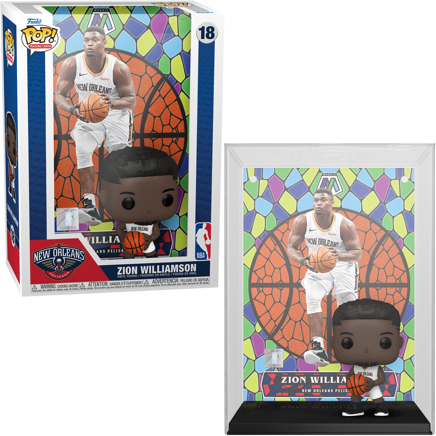 Zion Williamson Funko Pop Figur und Box. Die Figur ist ein Basketballspieler im New Orleans Pelicans Trikot.