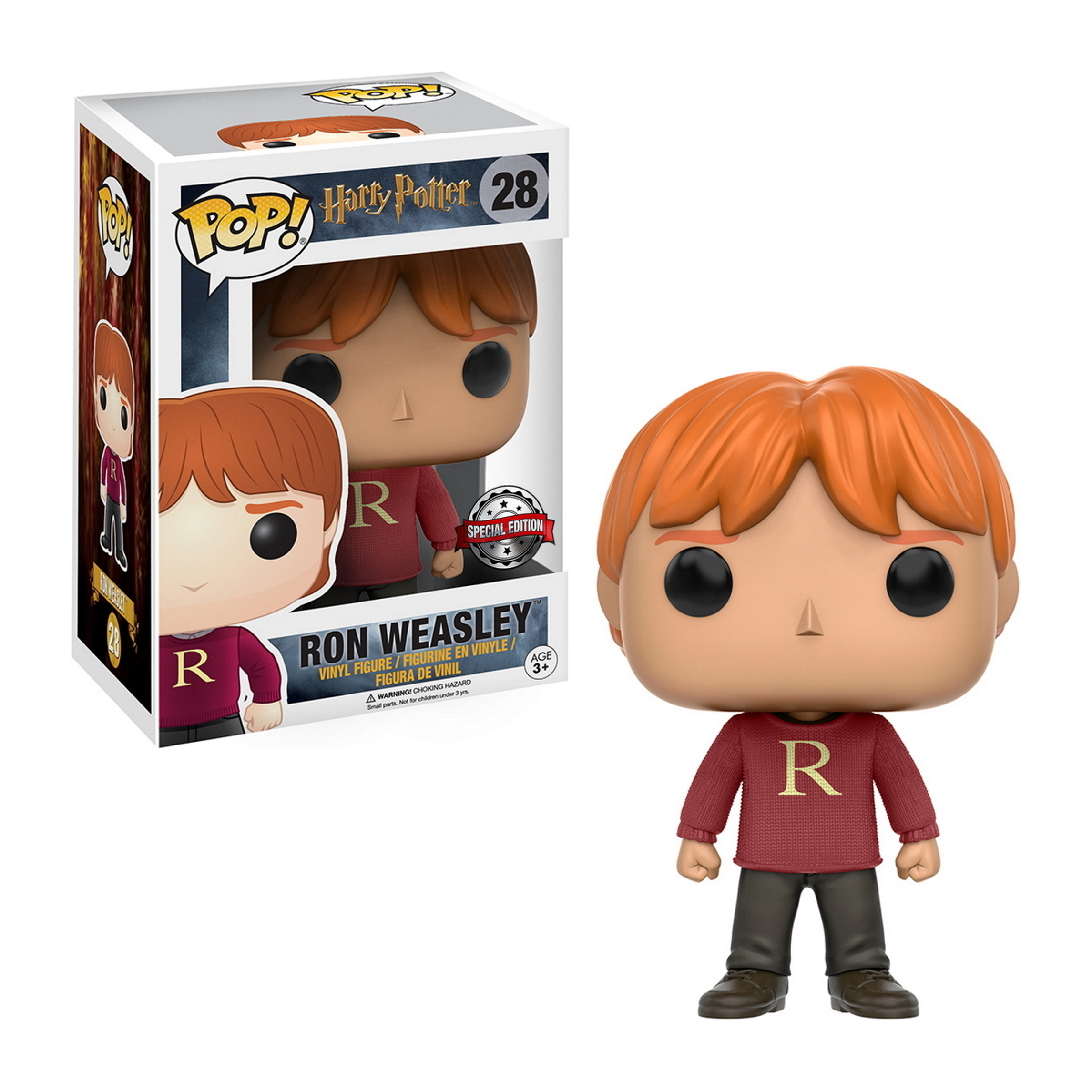 Figura Funko Pop di Ron Weasley con scatola. Indossa un maglione rosso con la lettera R.