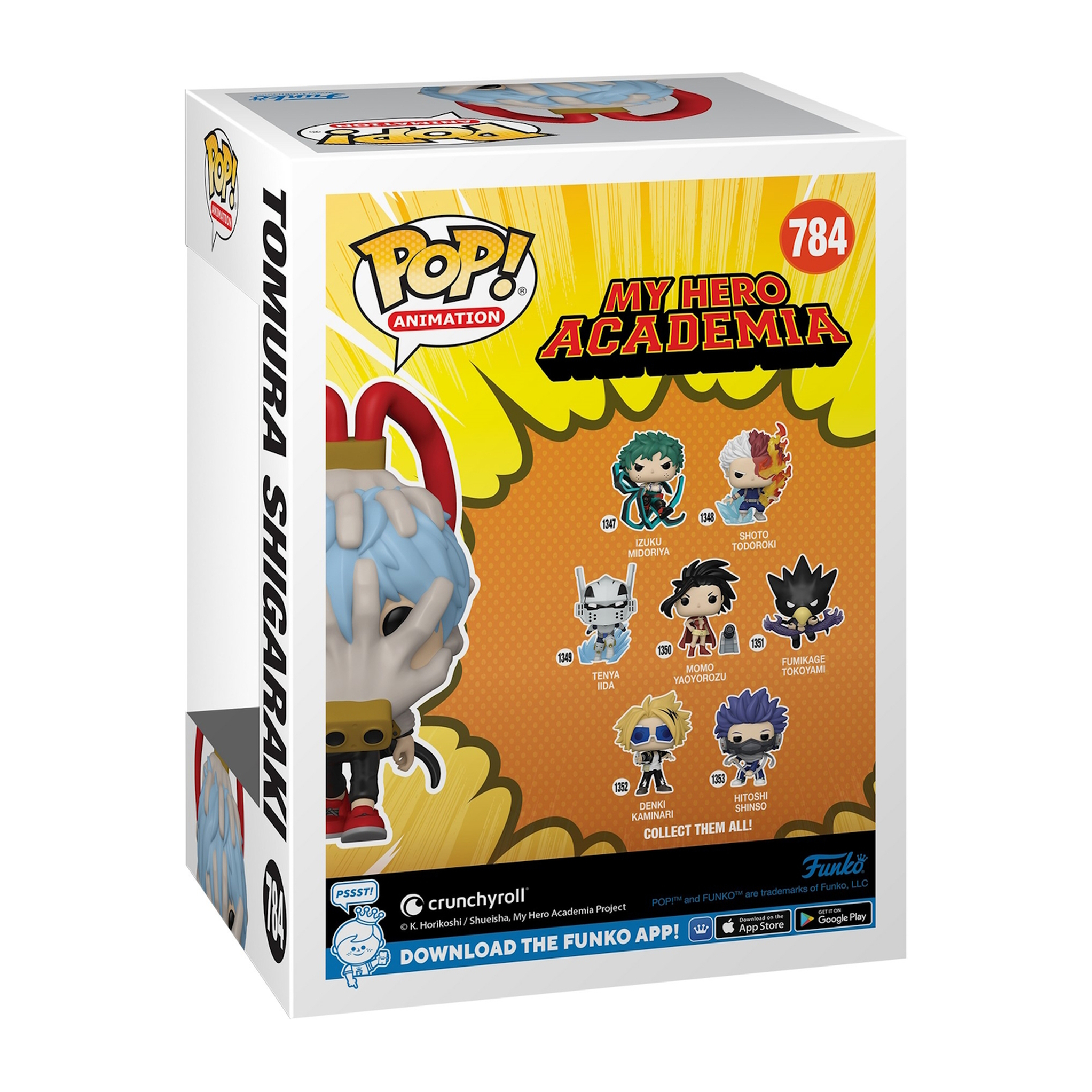 My Hero Academia Funko Pop-Box. Zeigt mehrere Charaktere auf der Vorderseite, mit einer Figur darin.