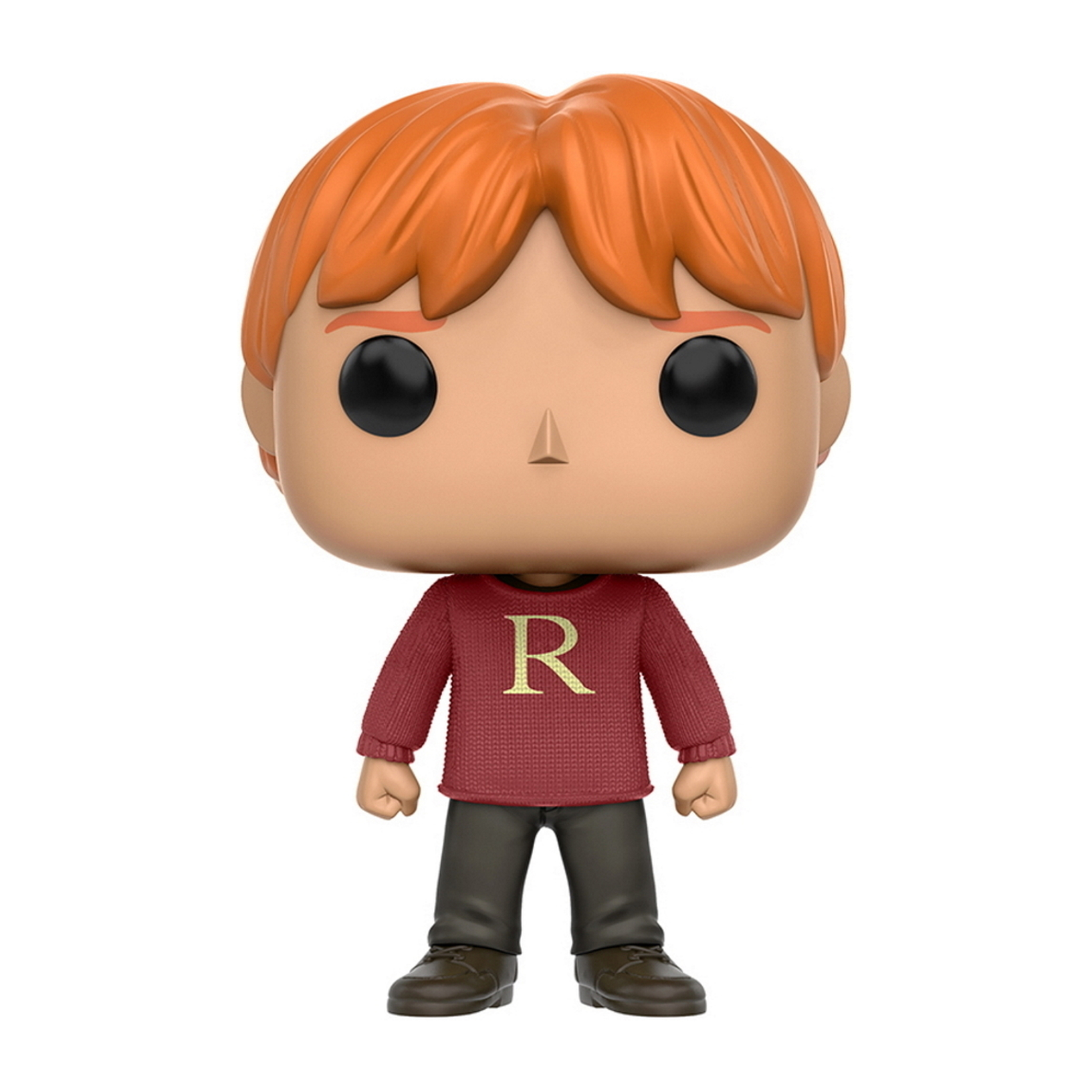 Figura Ron Weasley Funko Pop. Figura con maglione rosso con 'R', pantaloni marroni, in piedi.