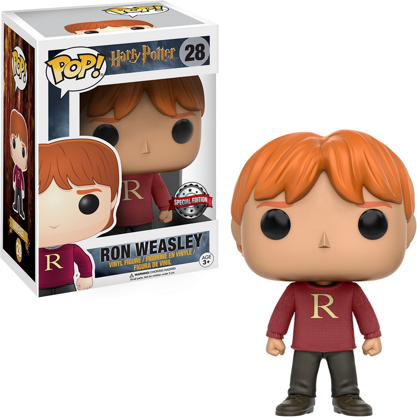 Figura Funko Pop! di Ron Weasley con scatola. Maglione rosso, capelli castani. Sfondo bianco.