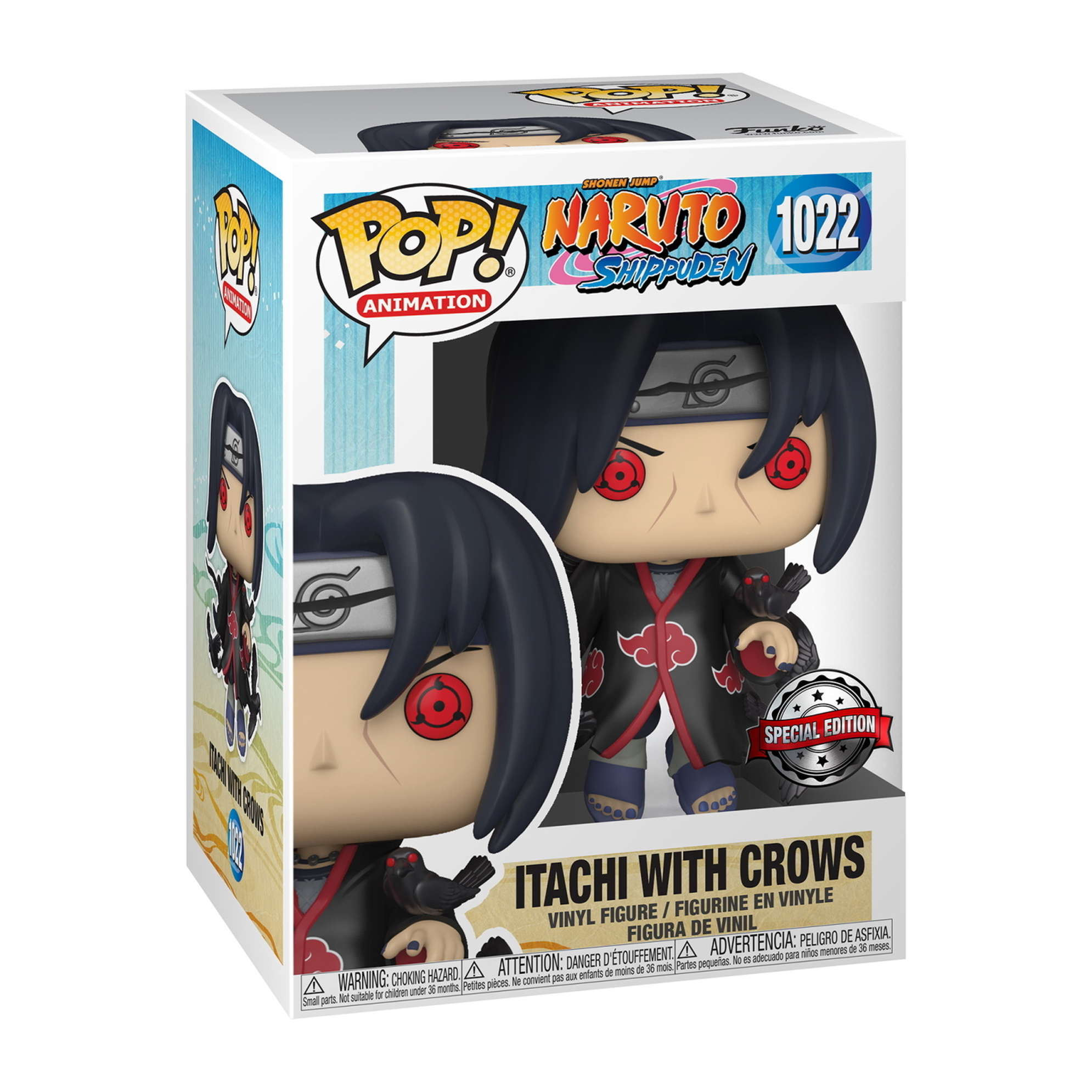 Itachi with Crows Pop-Figur in einer Box. Itachi trägt einen schwarzen Mantel.