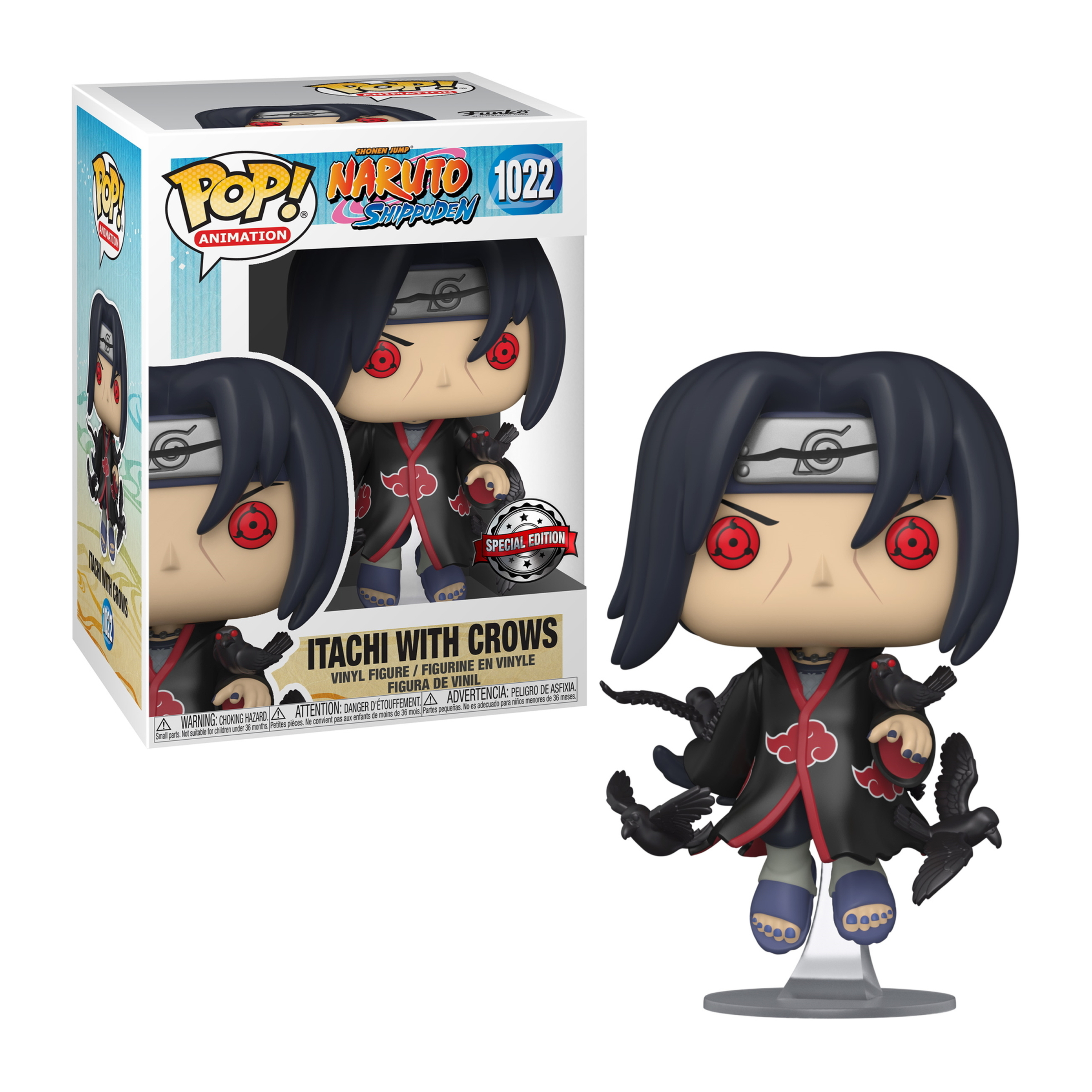 Itachi Funko Pop Figur mit Krähen, trägt einen schwarzen Umhang, Hintergrund mit Box.
