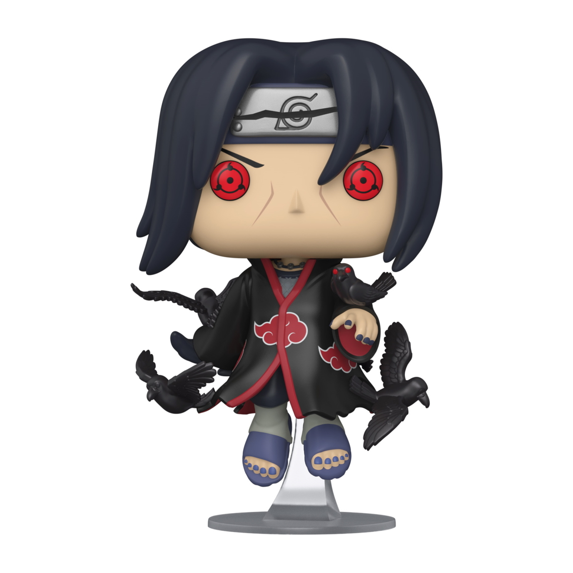 Itachi Uchiha Funko Pop Figur mit krähenartigen Vögeln. Er hat rote Augen und trägt einen Akatsuki-Umhang.