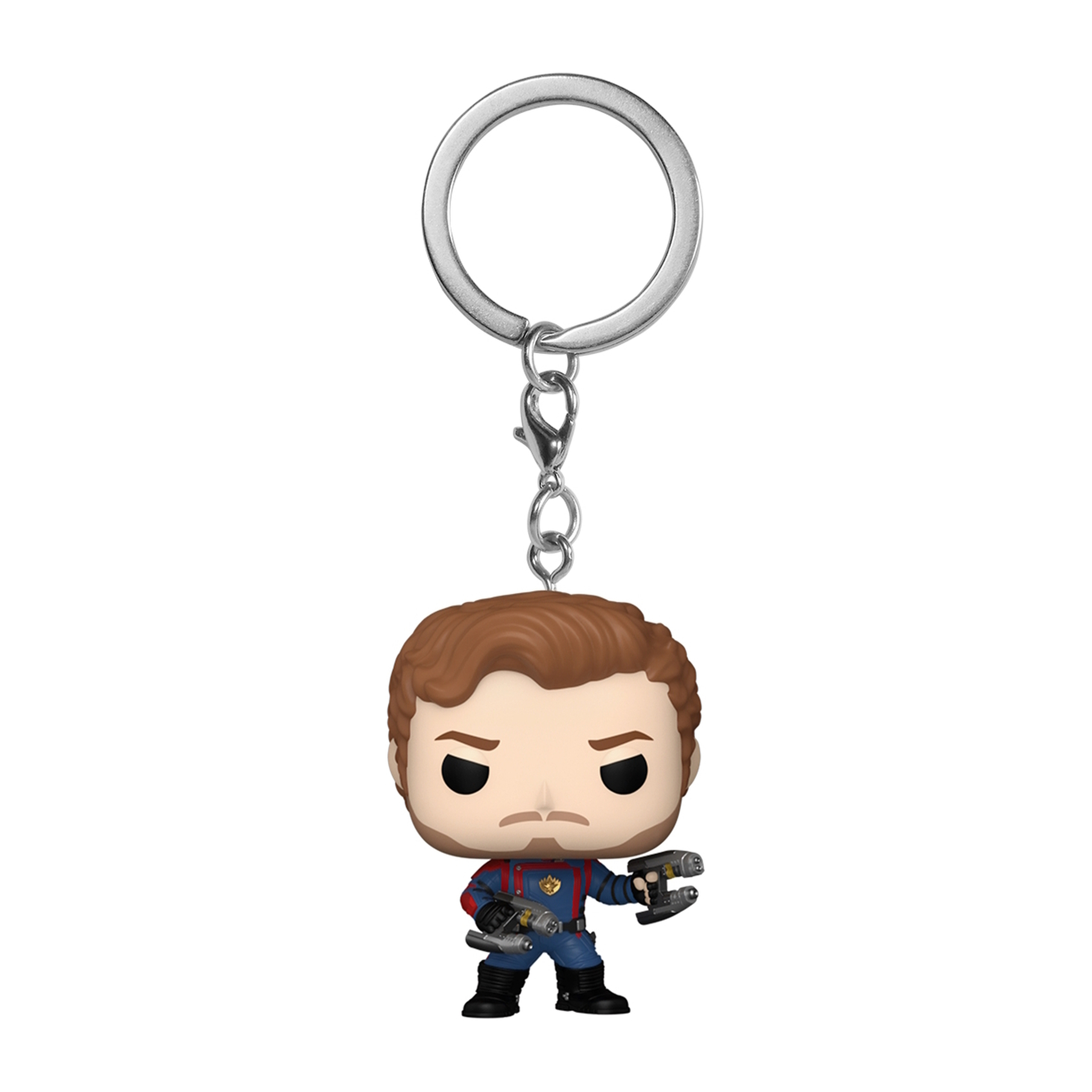 Un llavero con una figura Funko Pop de Star-Lord. Lleva un atuendo azul y rojo y sostiene un arma.