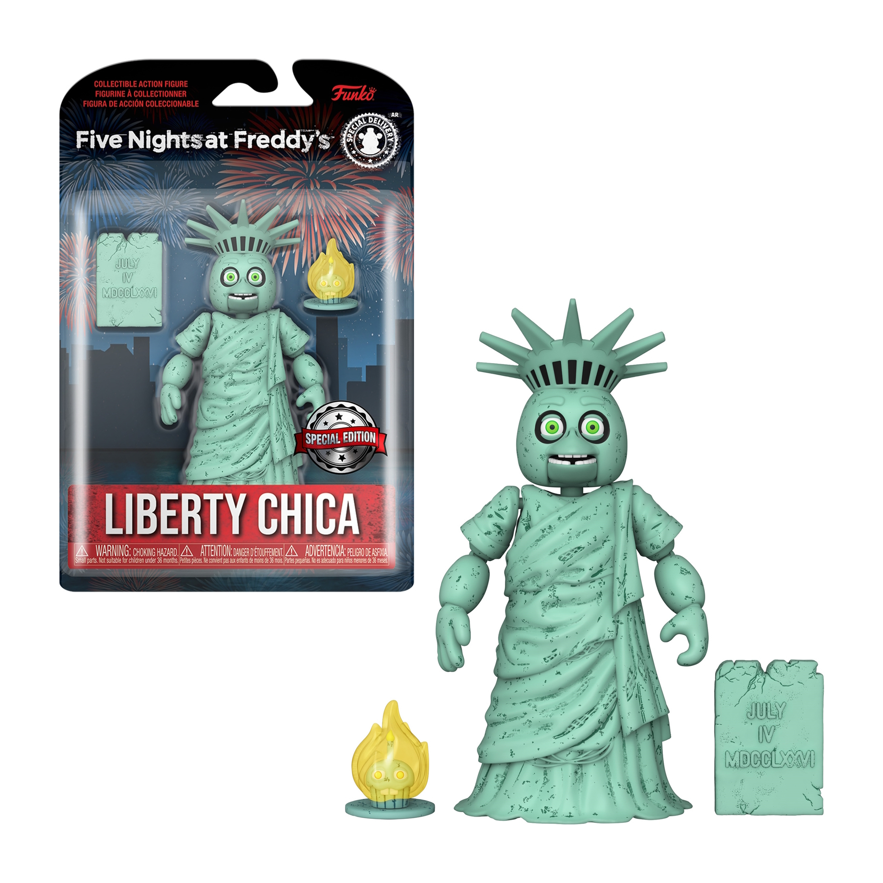 Eine grüne Liberty Chica-Figur mit Flamme und einer Juli IV-Tafel neben einer Schachtel mit derselben Figur.
