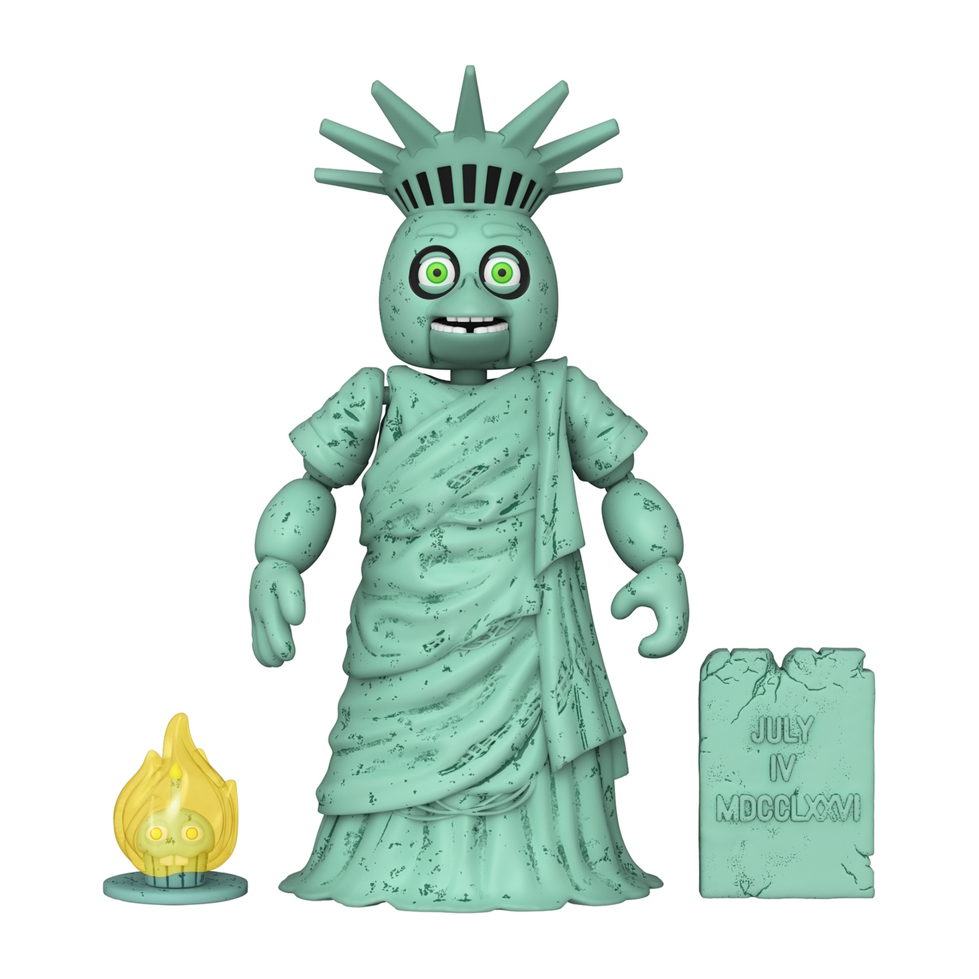 Eine Freiheitsstatue Funko Pop Figur mit grüner Flamme und einer Steintafel.
