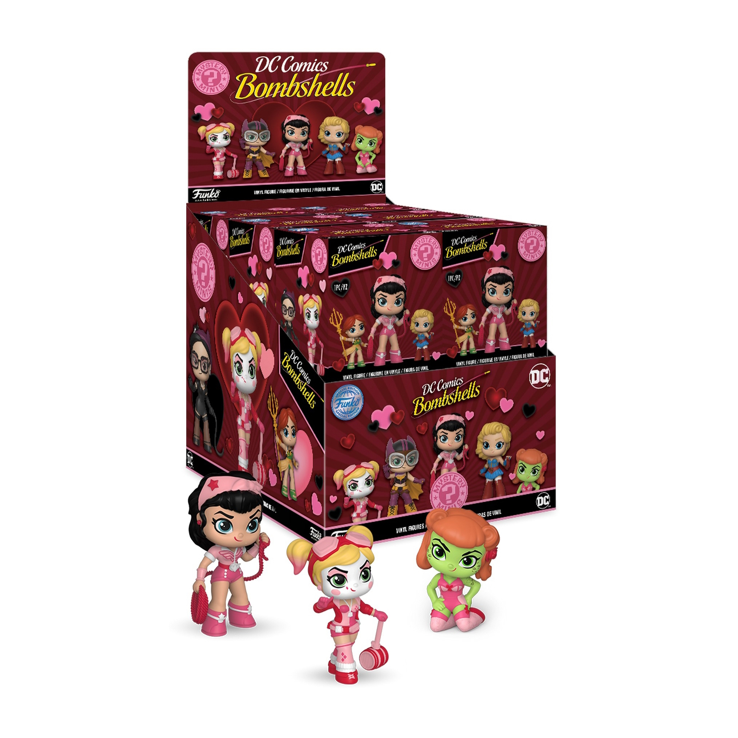 DC Comics Bombshells Figuren. Figurenboxen und drei Figuren werden gezeigt. Jede Figur ist einzigartig.