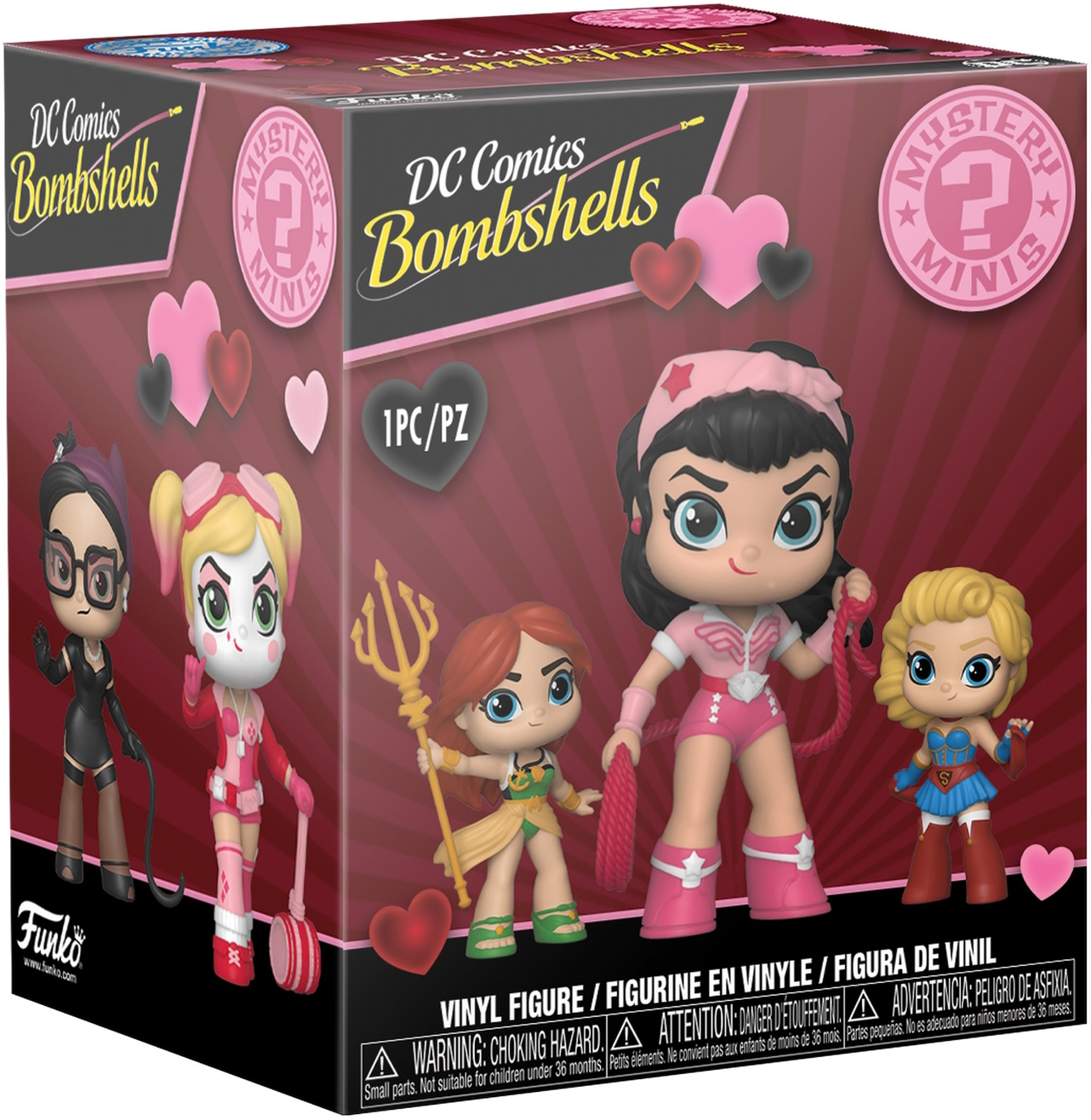 Eine DC Comics Bombshells Mystery Minis Box mit mehreren Funko Pop Figuren.