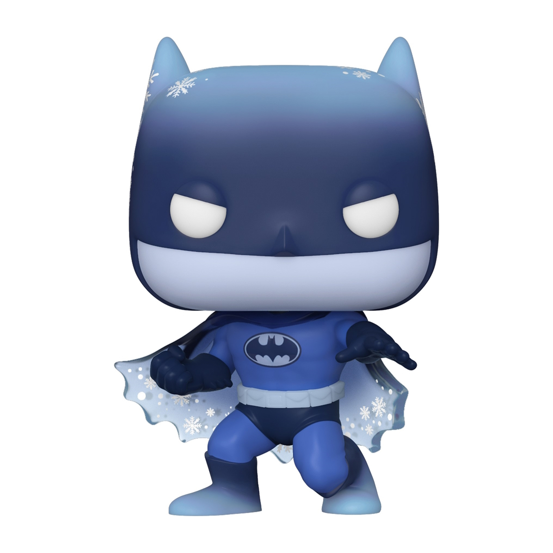 Batman in blau-weißem Winteranzug Funko Pop. Weißer Hintergrund.