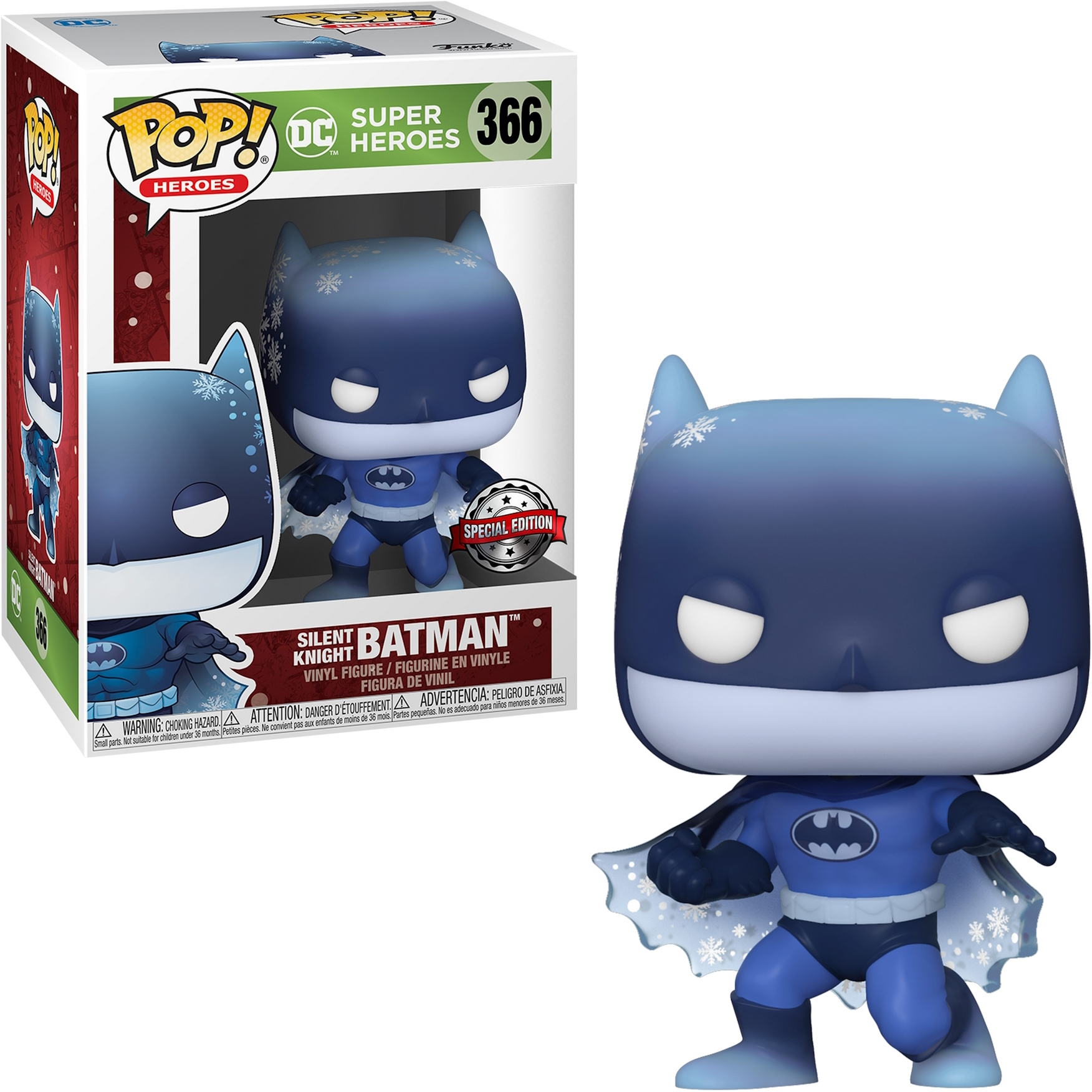 Silent Knight Batman Funko Pop Figur in blau-weißem Anzug, mit Schneeflocken auf seinem Umhang.